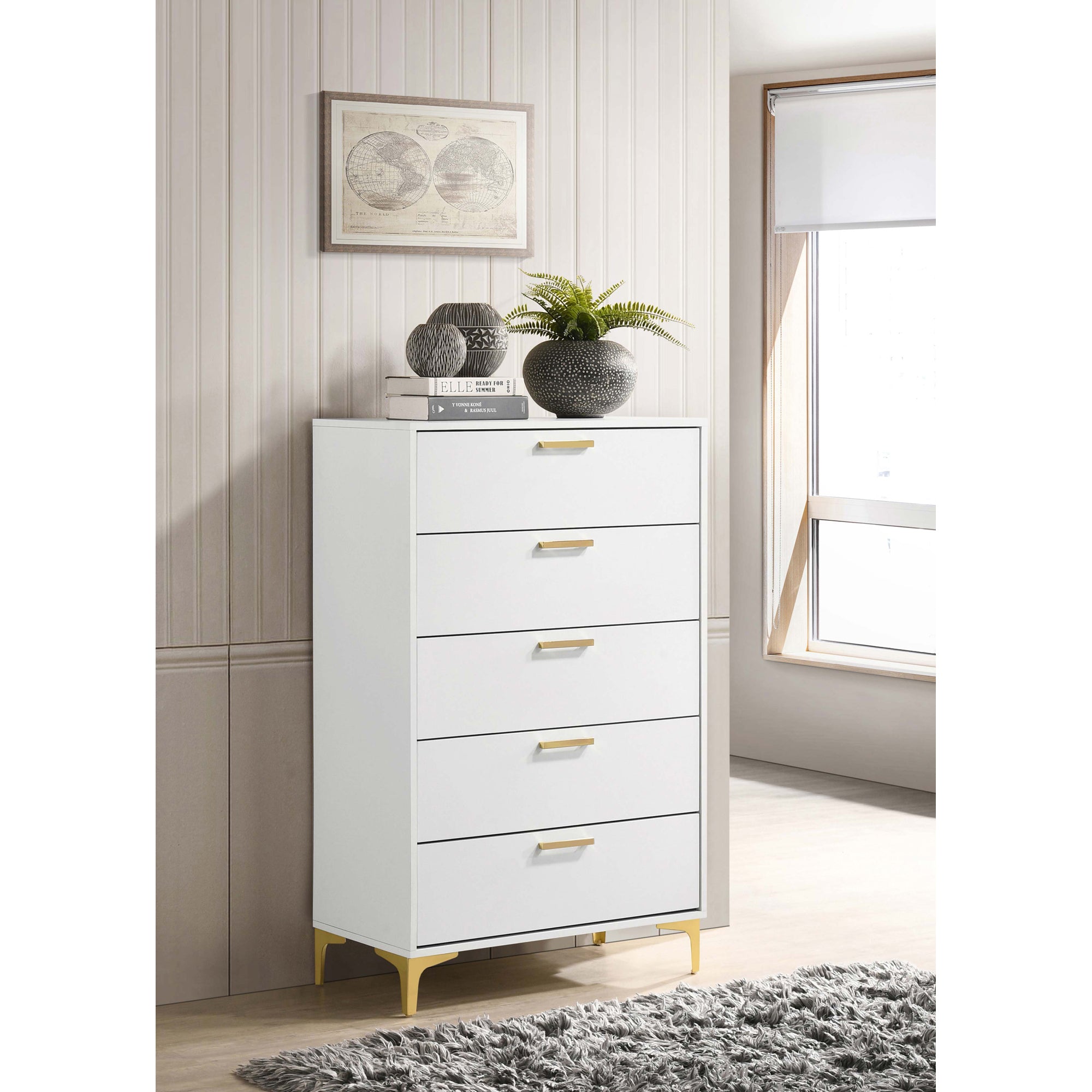 Karena White Rectangular 5-Drawer Chest - Bedroom Storage