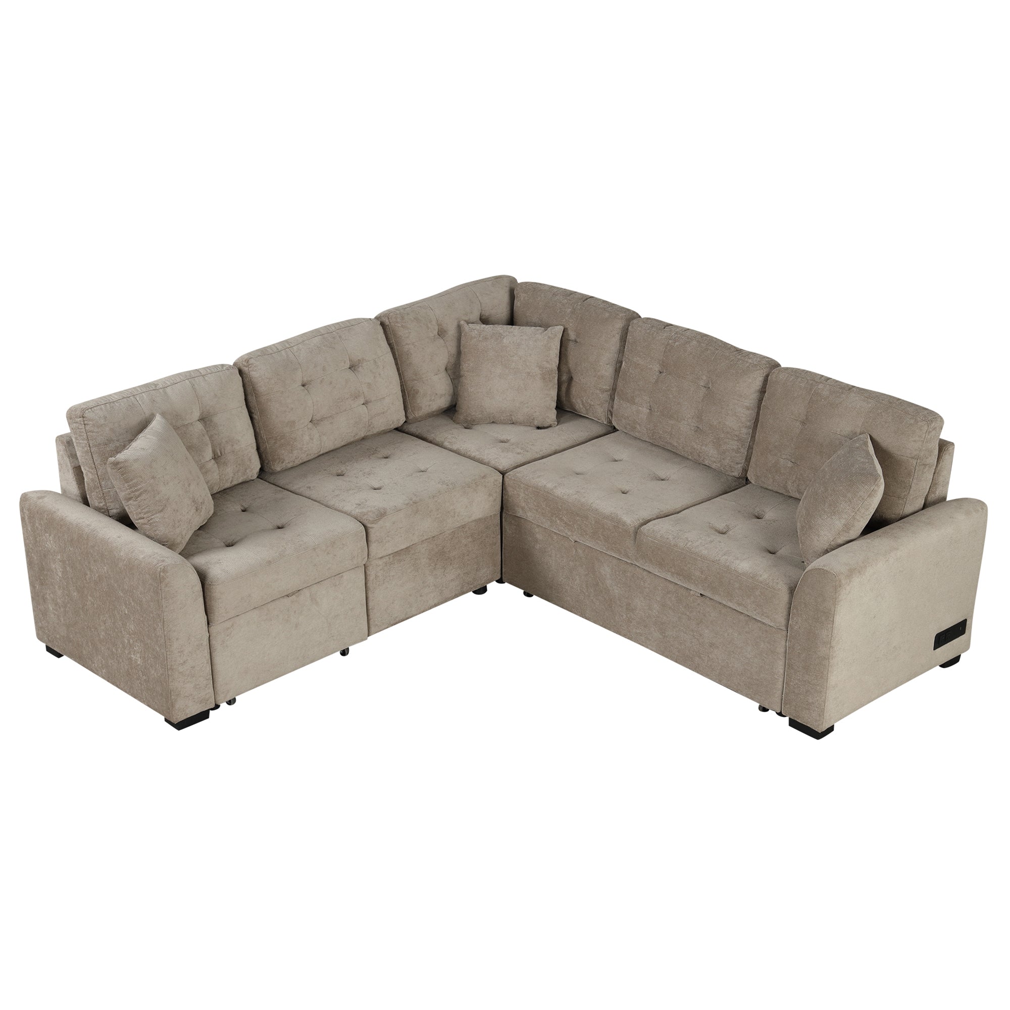 Khaki L-Shape Sofa Bed: Pull-Out Sleeper, USB, Power