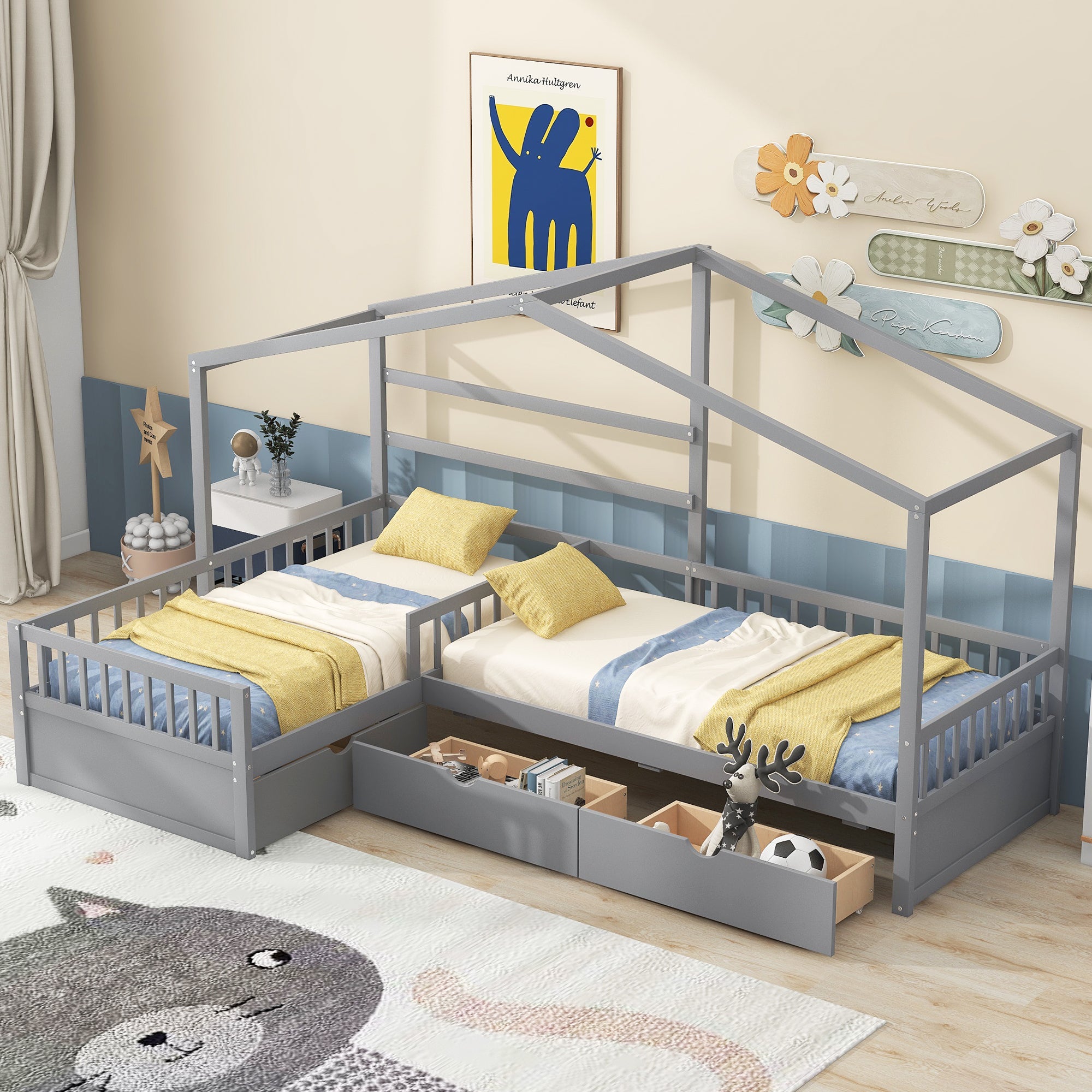 Twin Size House Platform Bed: Gray with 3 Storage Drawers