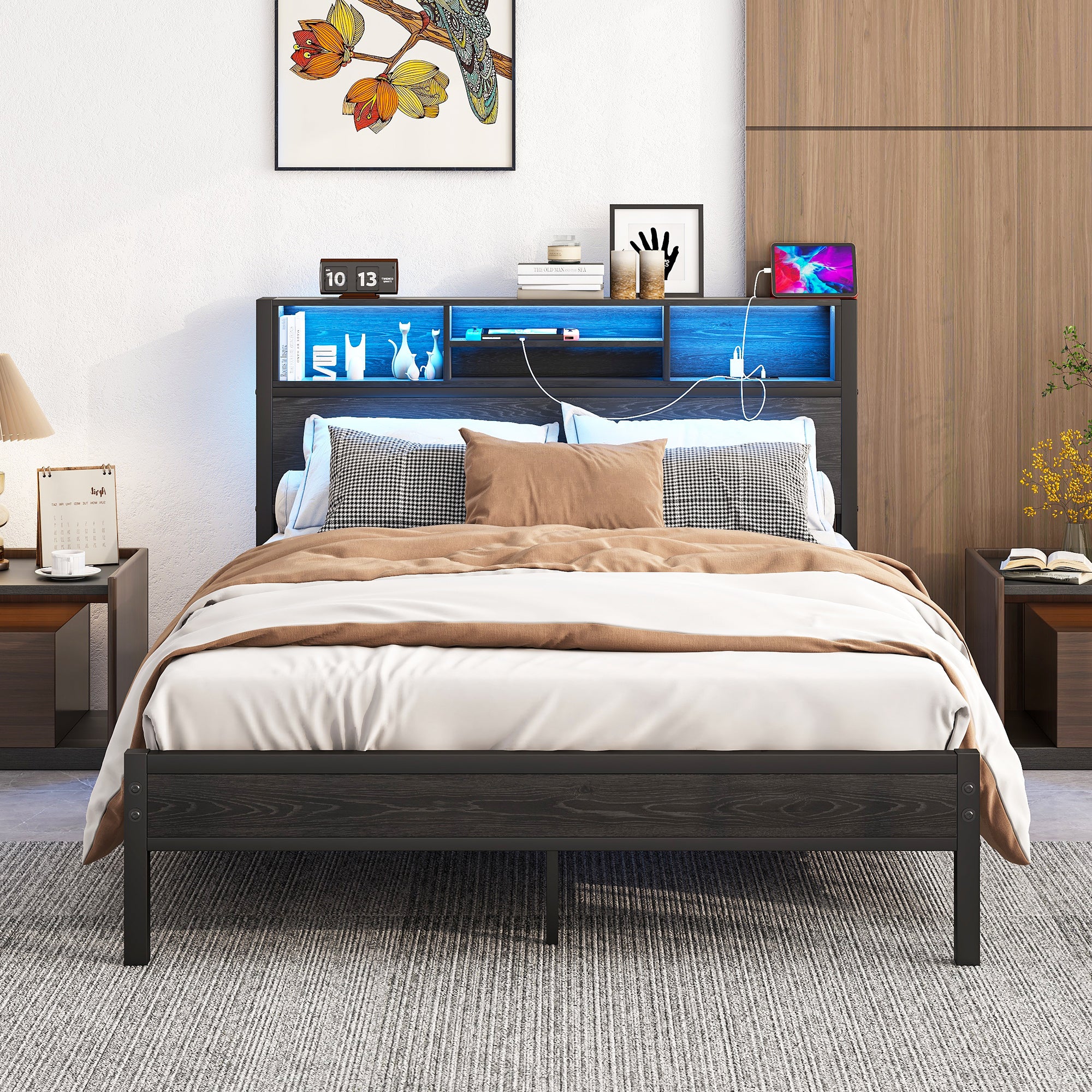 Full Size Metal Bed Frame with Storage, Charging, Bookcase Headboard