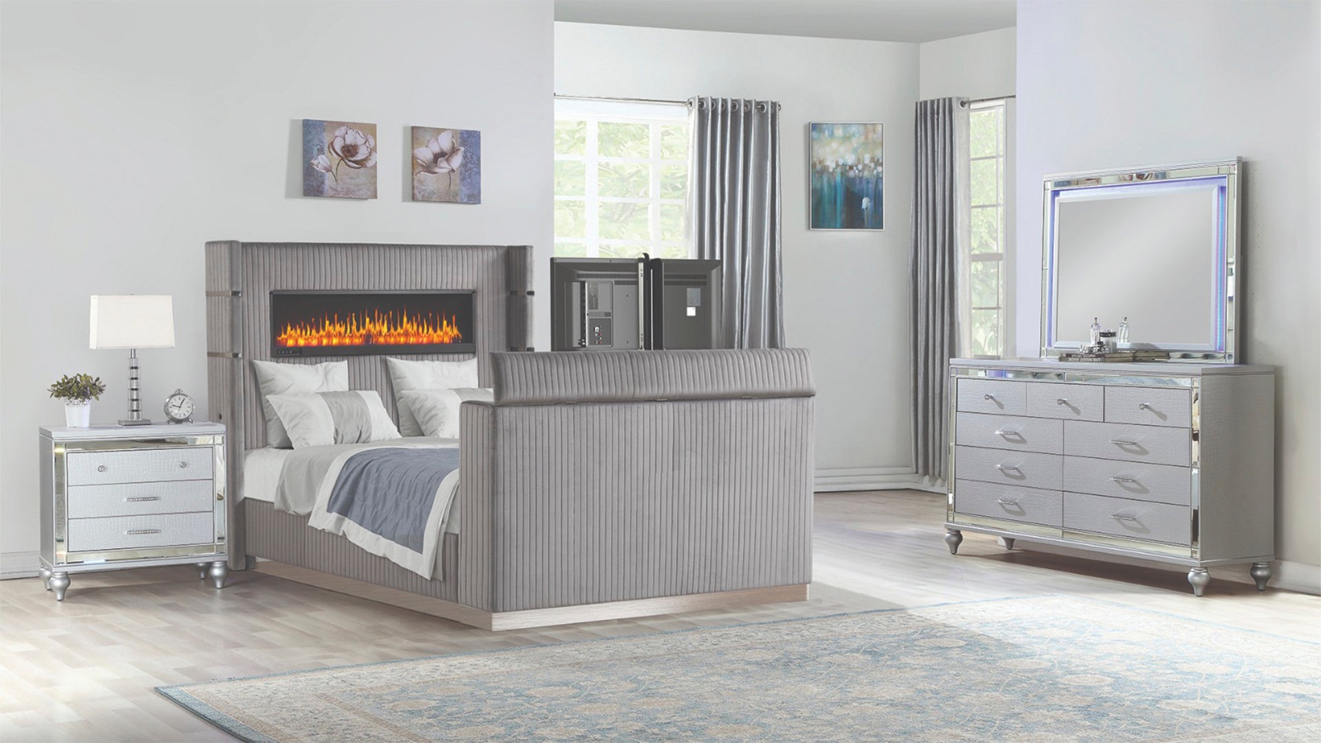 Modern Grey King Bedroom Set 4 Pc w/Fireplace & TV Stand CA
