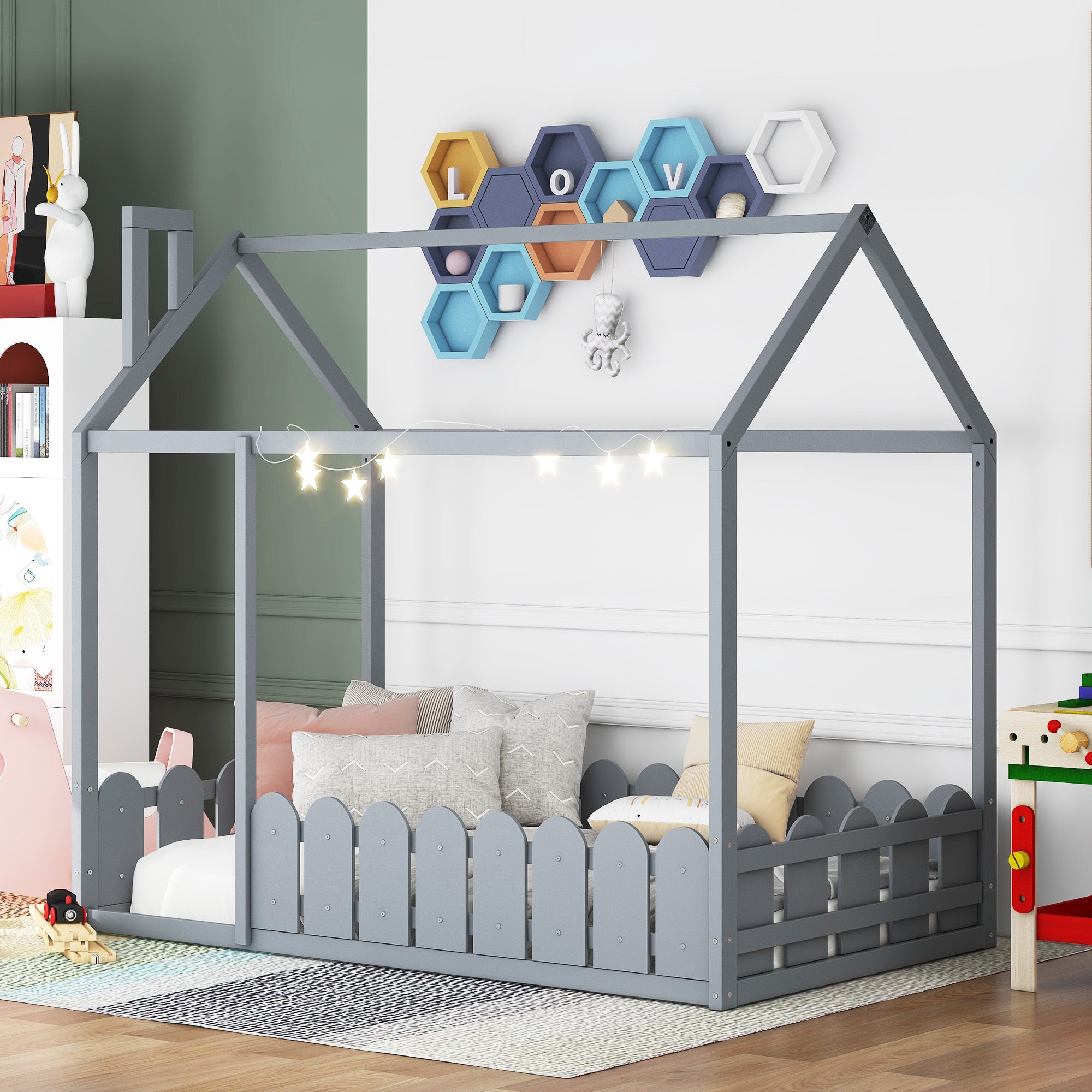 Twin Size Wood House Bed Frame with Fence Kids Teens Boys Girls Gray