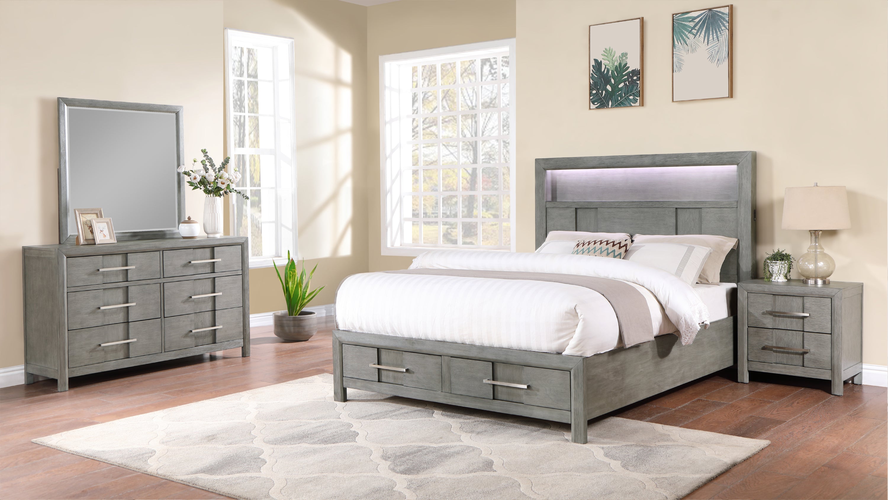 KENZO Modern Queen 4PC Storage Bedroom Set w/ LED, Bluetooth, USB, Grey