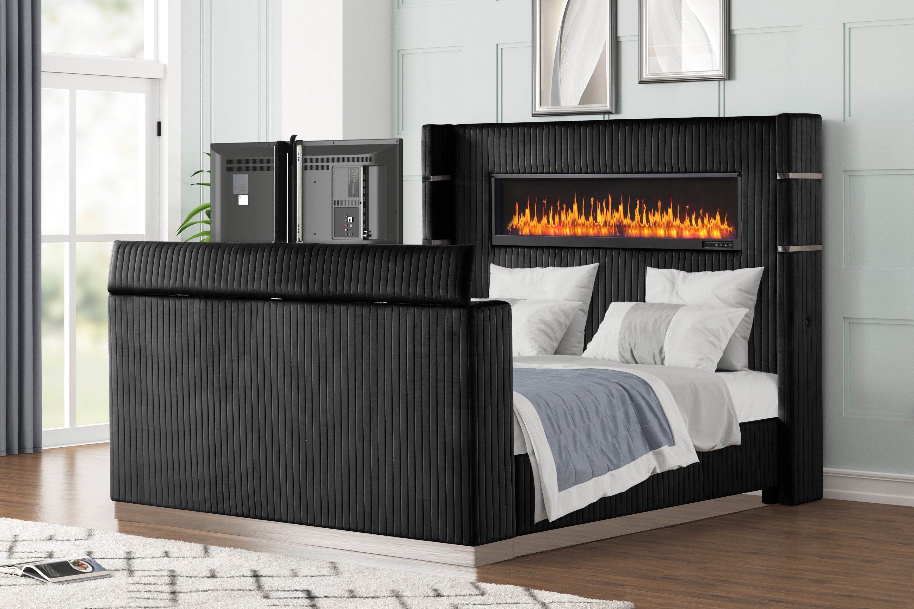 Lavish Modern Black King Bed: Fireplace Headboard, TV Footboard CA