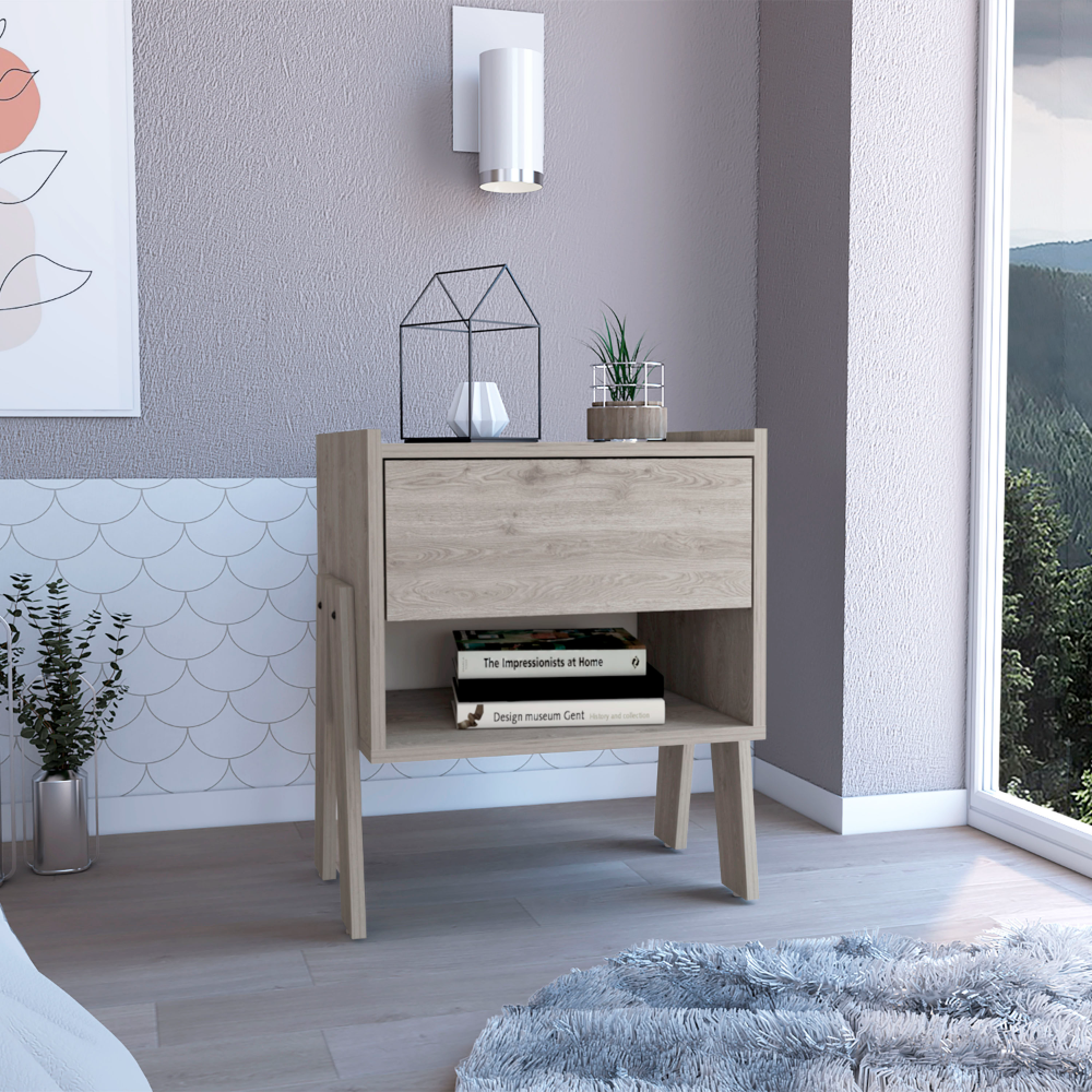 Light Gray Nightstand | 22" H | Single Drawer & Open Shelf