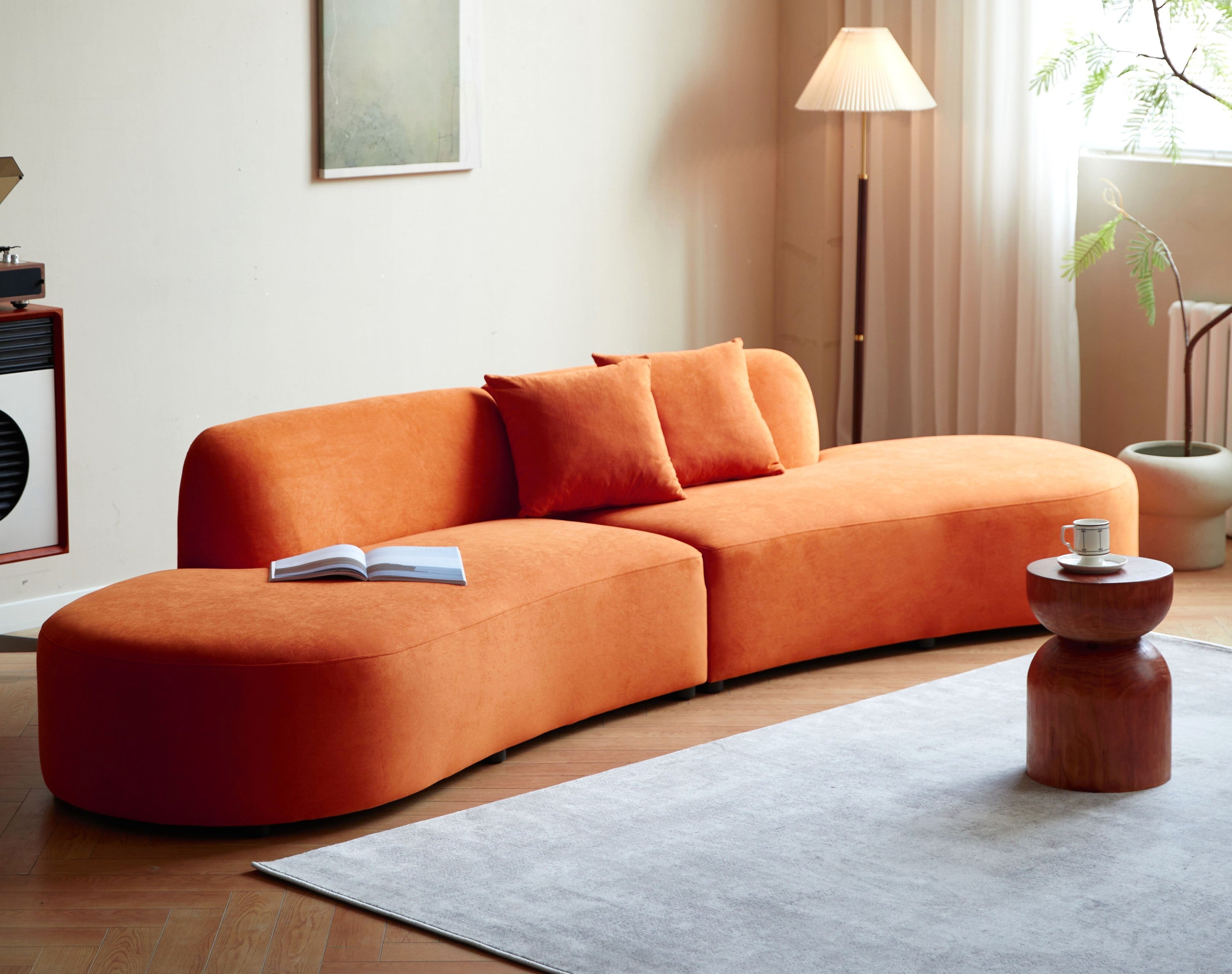 132" Curved Red Orange Velvet 6-Seater Sofa Modern Luxury