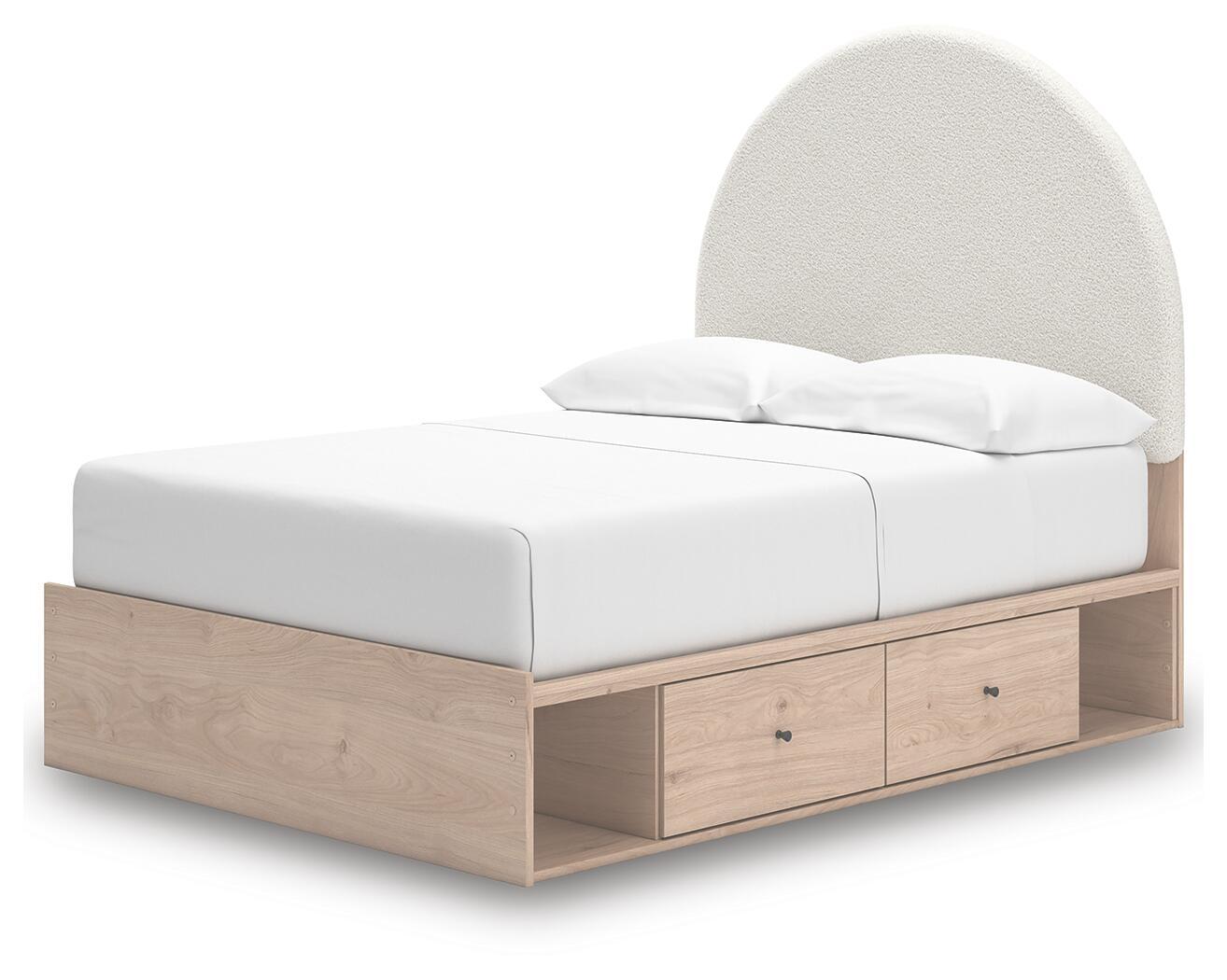 Beige upholstered panel bed with arched headboard, white mattress, and two under-bed drawers