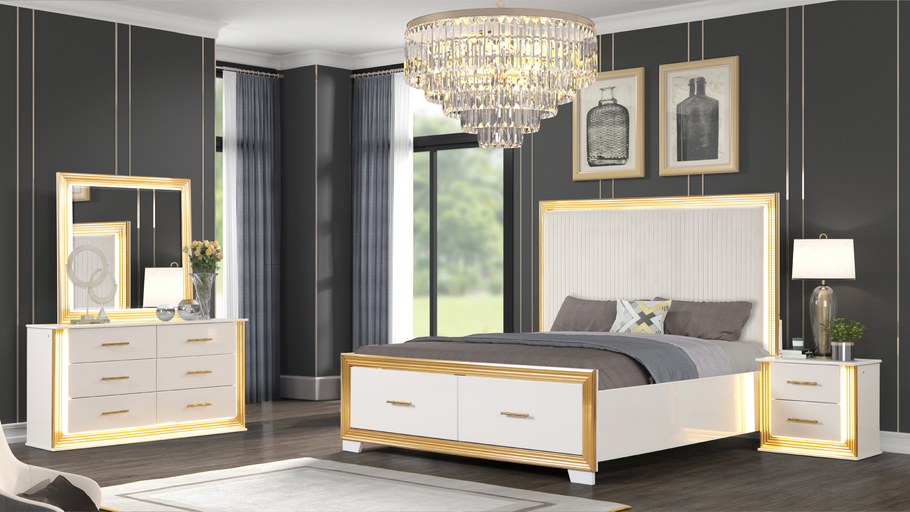 Obsession Contemporary King Bedroom Set - Wood & Gold (NJ)