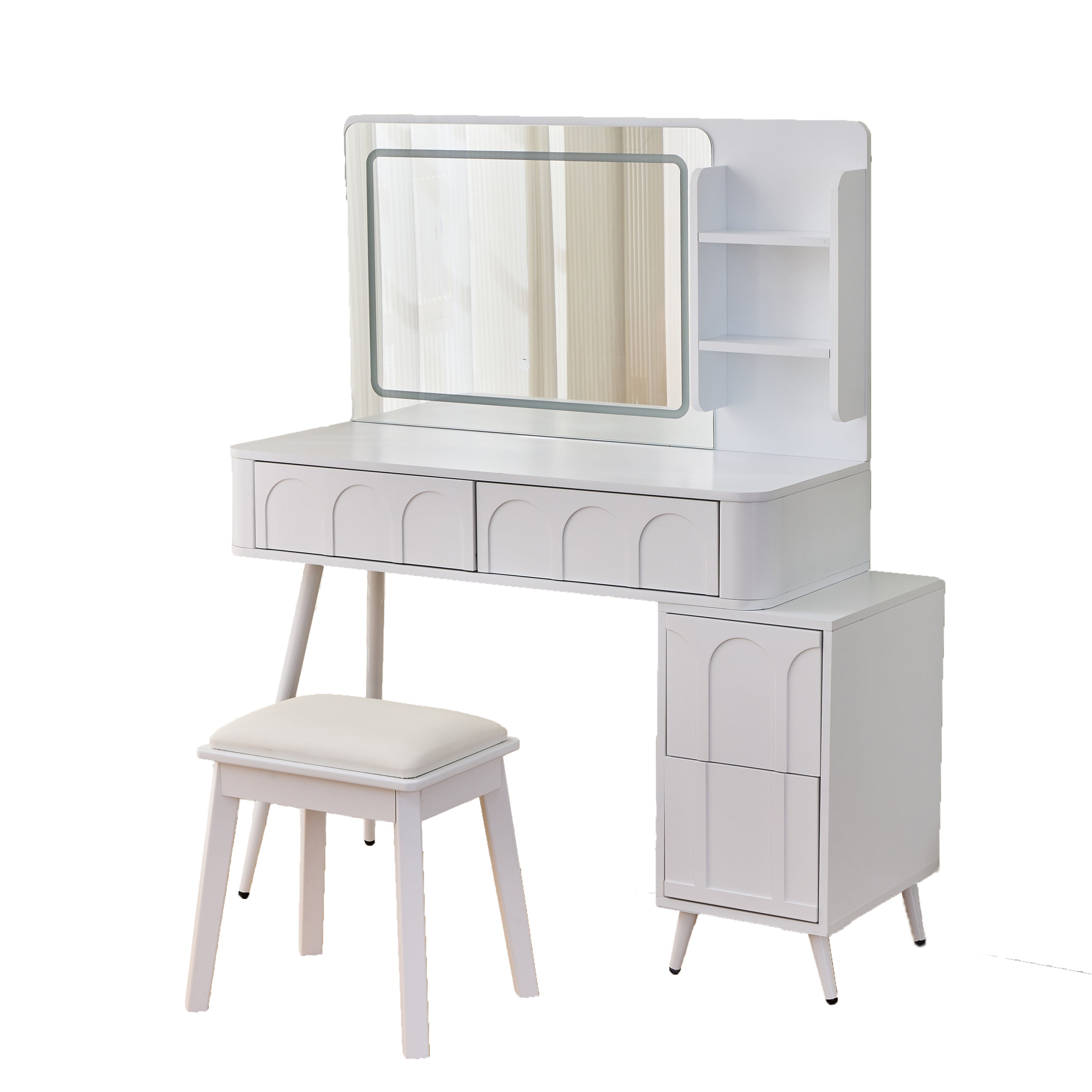 White Vanity Desk with LED Mirror, 4-Drawer Dressing Table for Bedroom