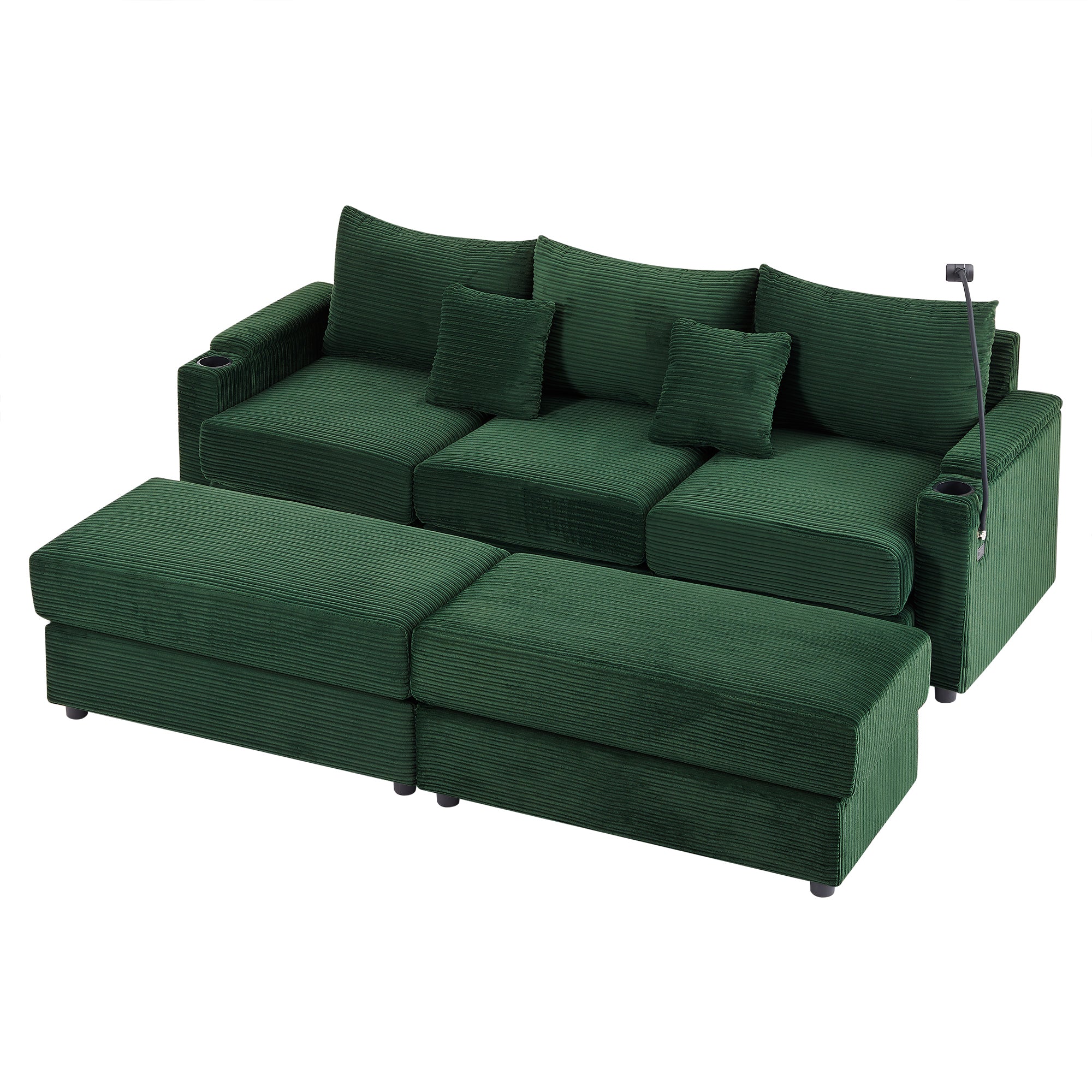 Modern Green 3-Seater Sectional Sofa w/ Storage, USB