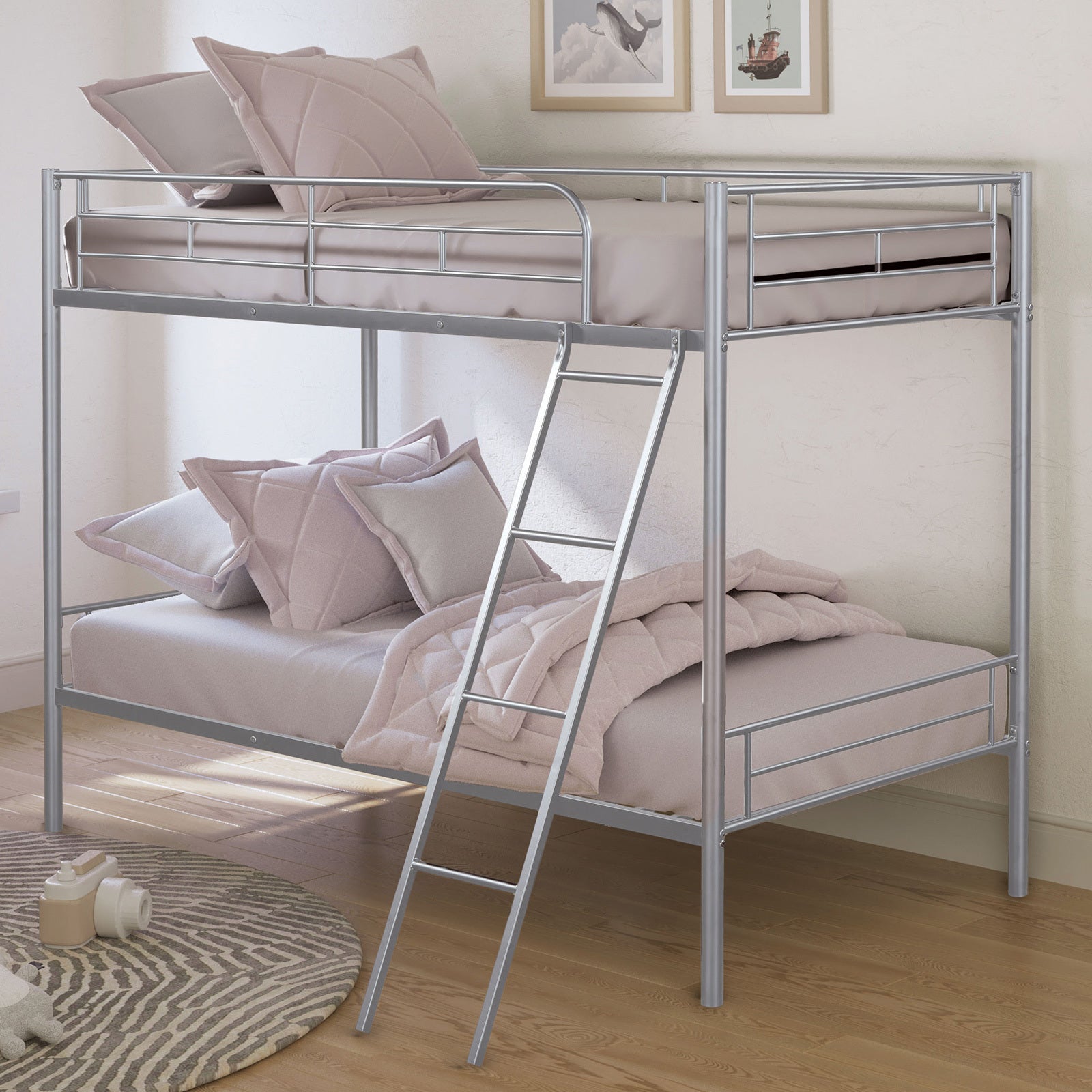 Contemporary Silver Metal Twin Over Twin Bunk Bed with Footboard Ladder