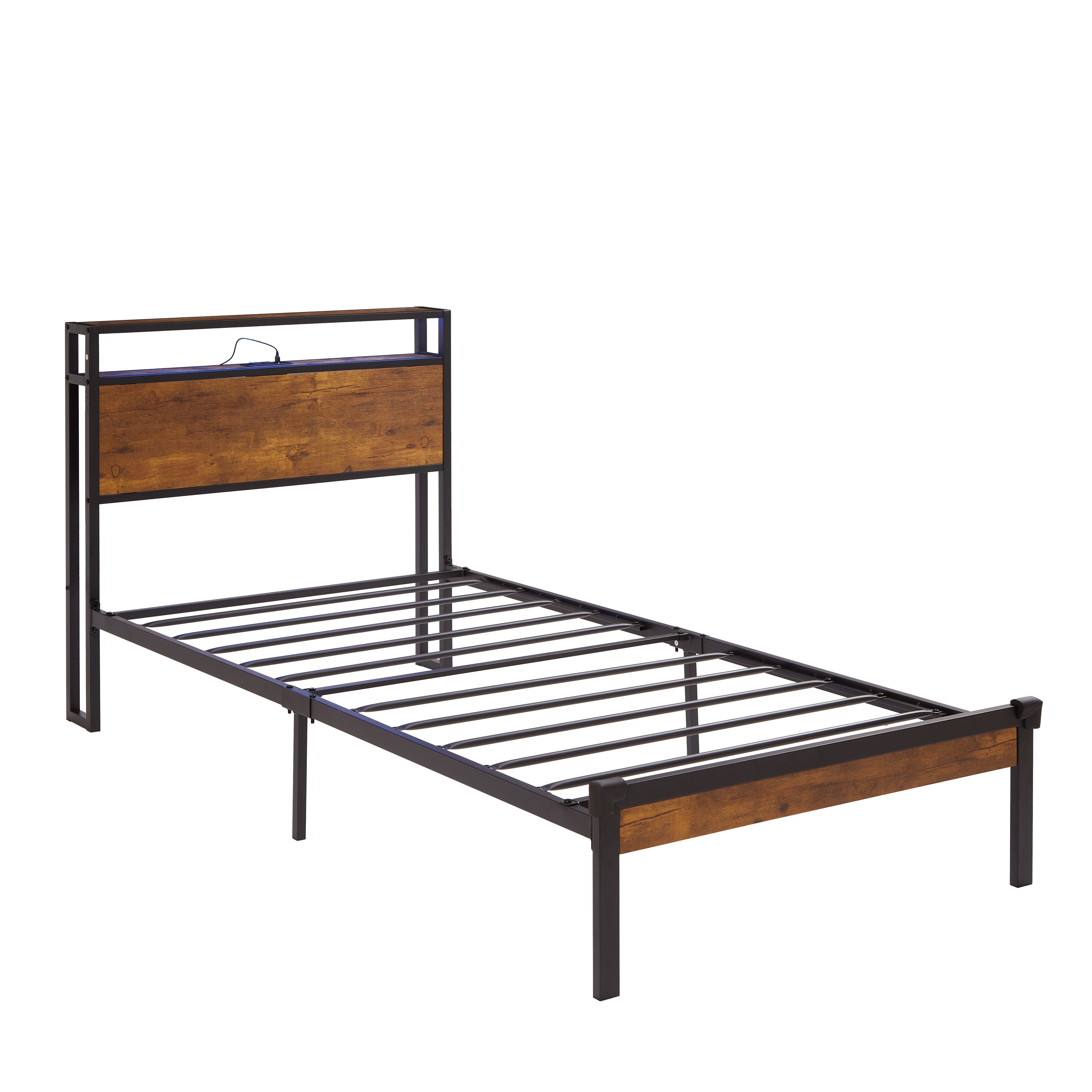 Modern Twin Metal Bed Frame w/Wood H&F, USB, LED Lights, Black/Brown