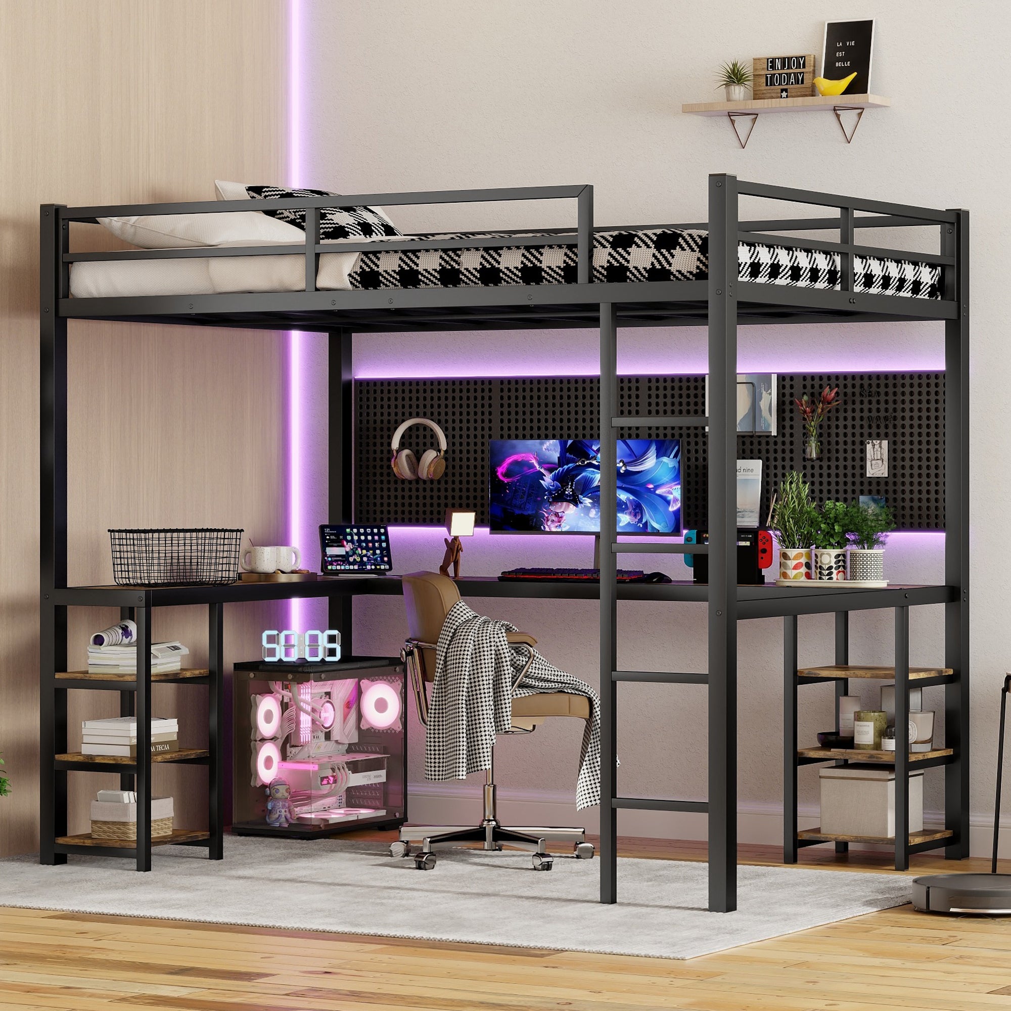 Full XL Metal Loft Bed with Desk, Shelves, Ladder, Guardrails, Black