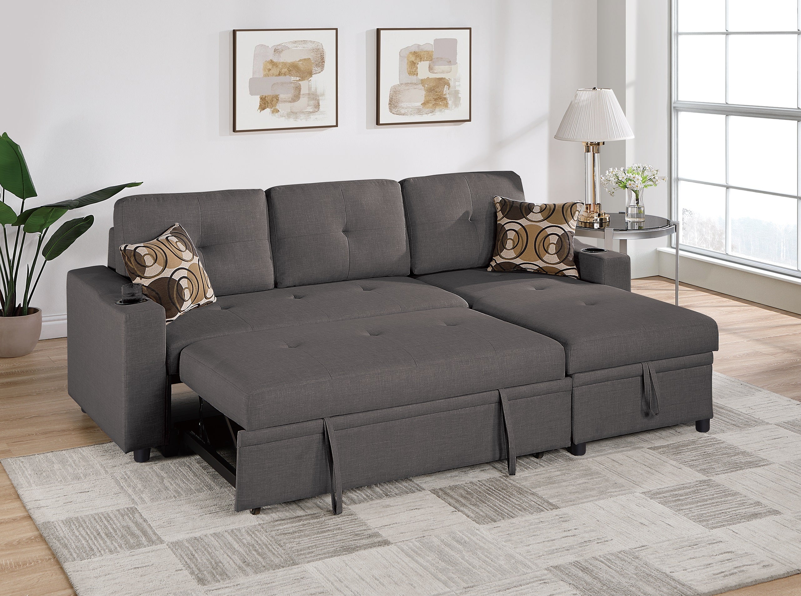 Ash Black Dorris Convertible Sectional Sofa Bed Storage Chaise