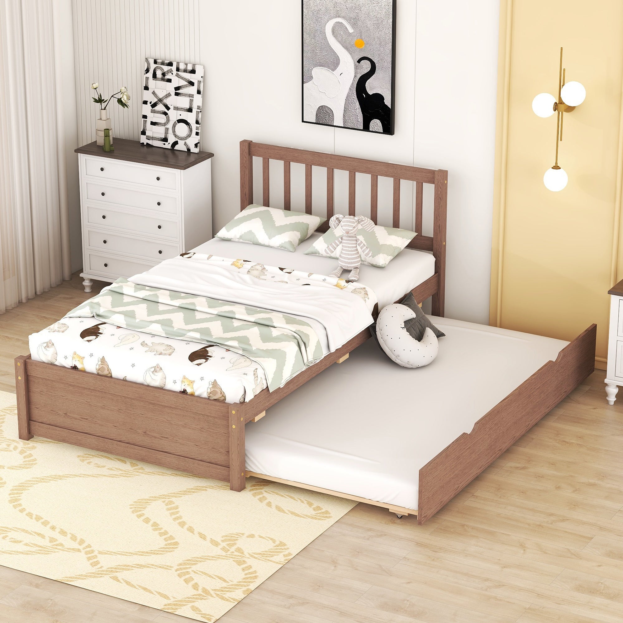 Modern Walnut Wood Twin Platform Bed Frame with Trundle