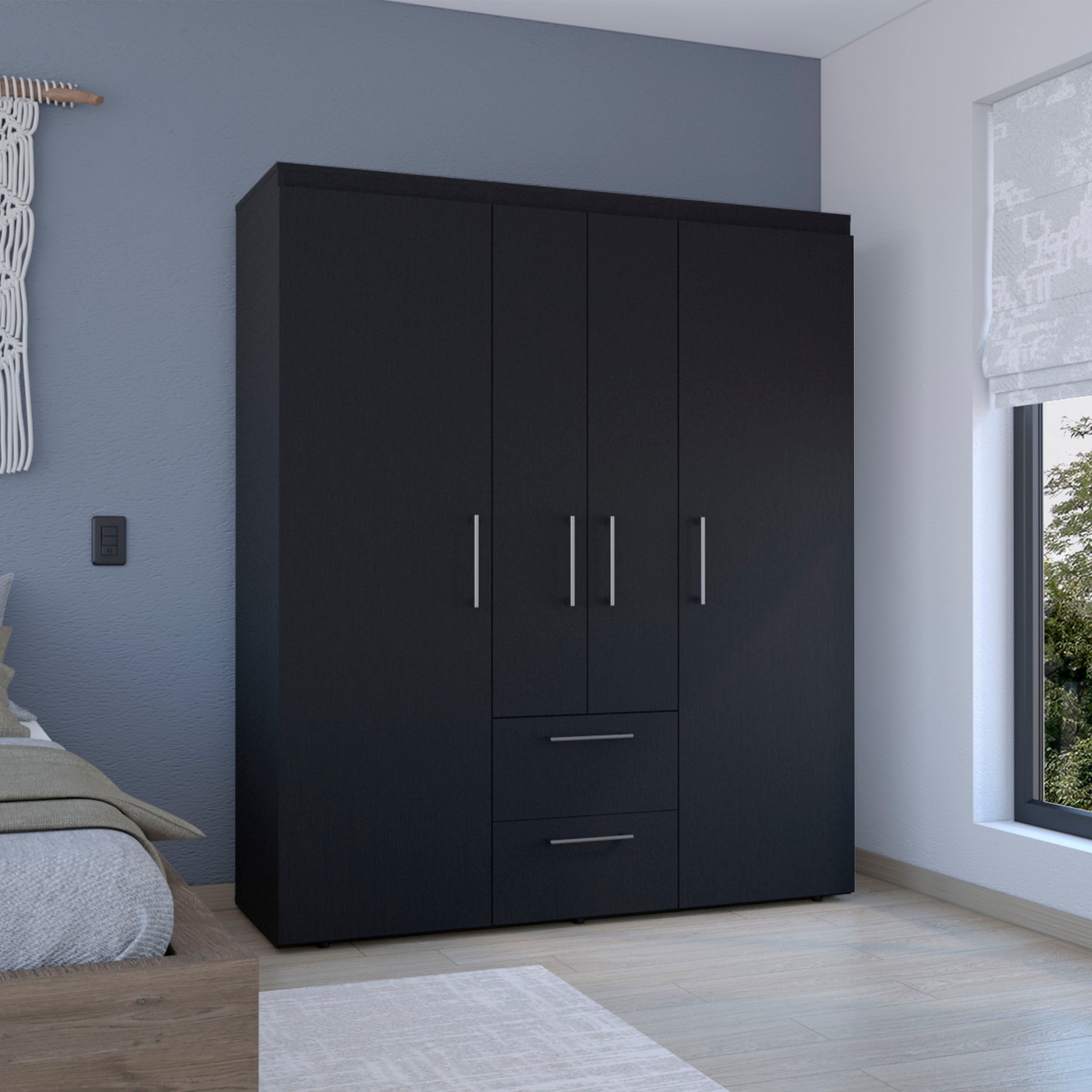 Bariloche Black Wardrobe: Multi-Storage, Rods, Shelves, Drawers