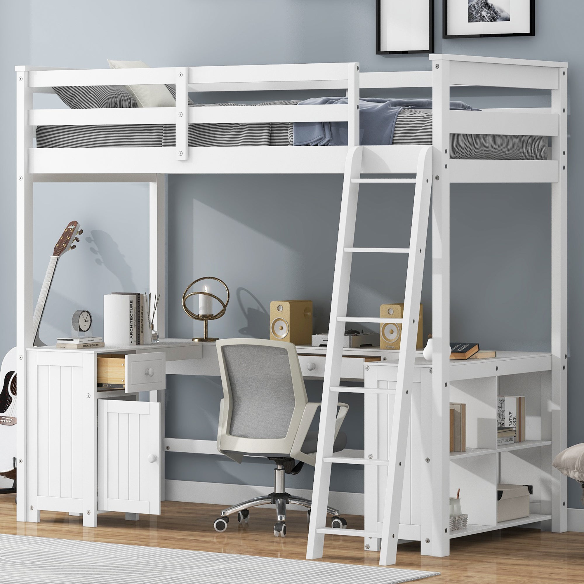 Twin Size Loft Bed with U-Shaped Desk, Drawers, Storage Shelves - White