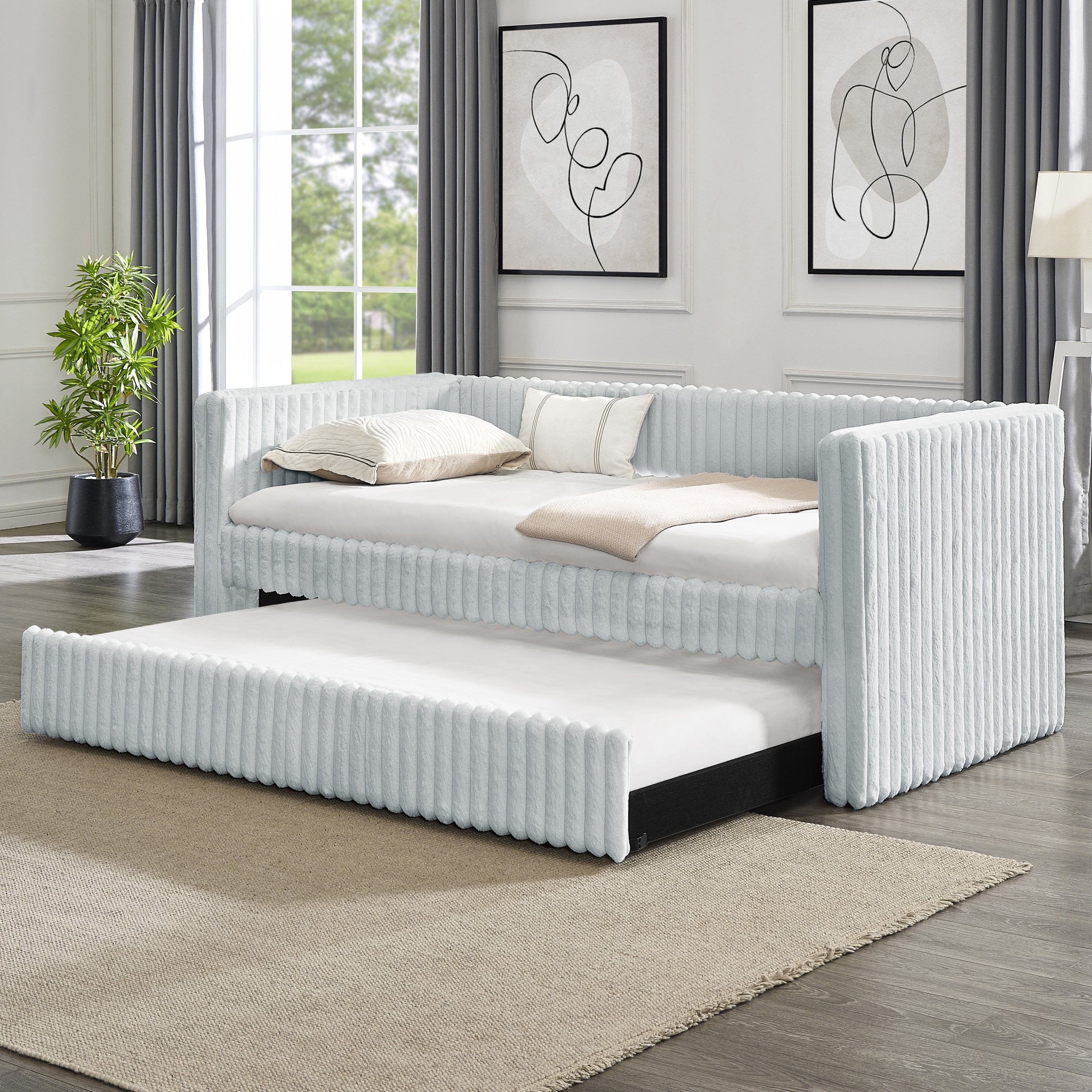 Twin Size Daybed Sofa Bed, Pull-Out Trundle, Striped Corduroy - Light Grey
