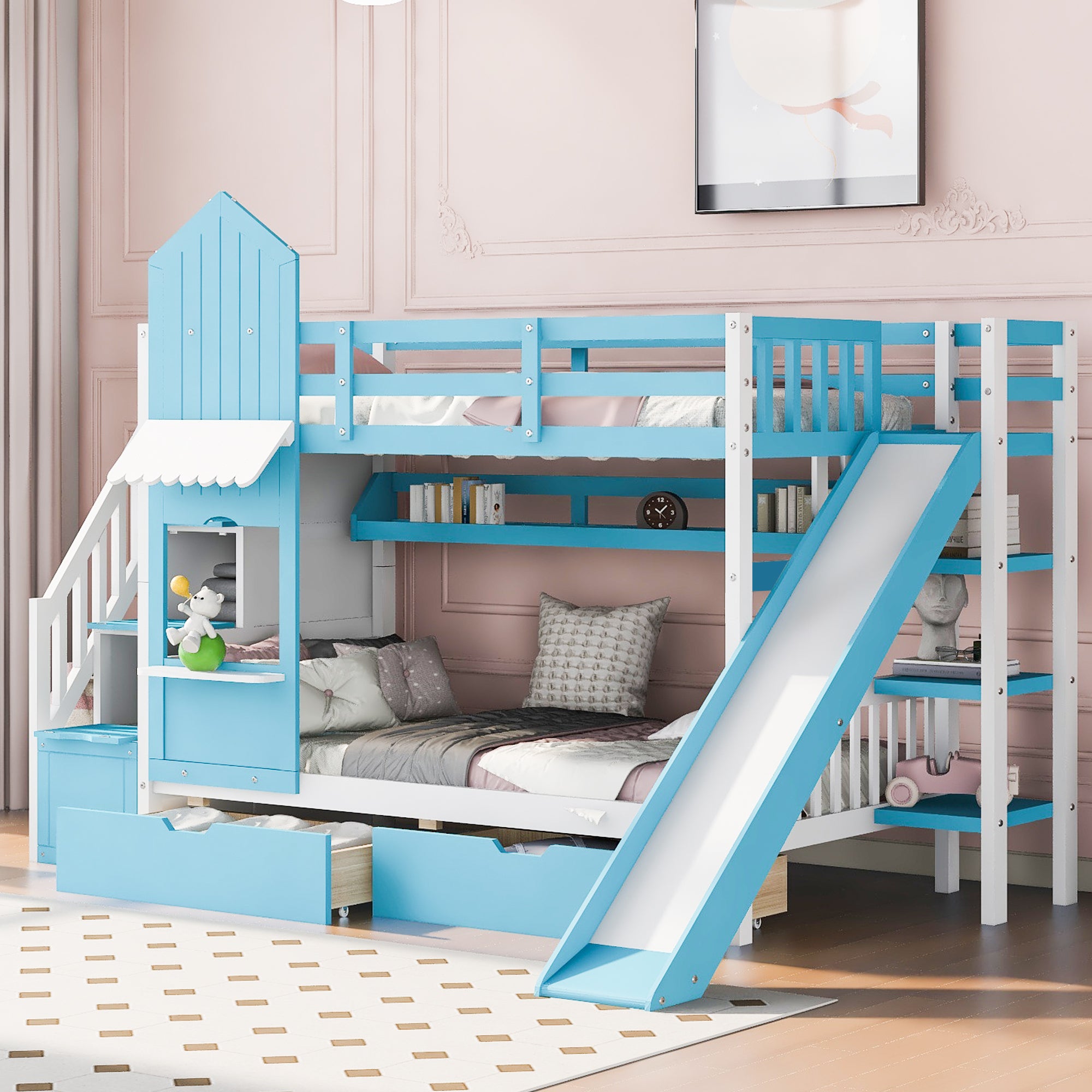 Blue Castle Twin Bunk Bed with Slide, Drawers, & Shelves - Twin-Over-Twin
