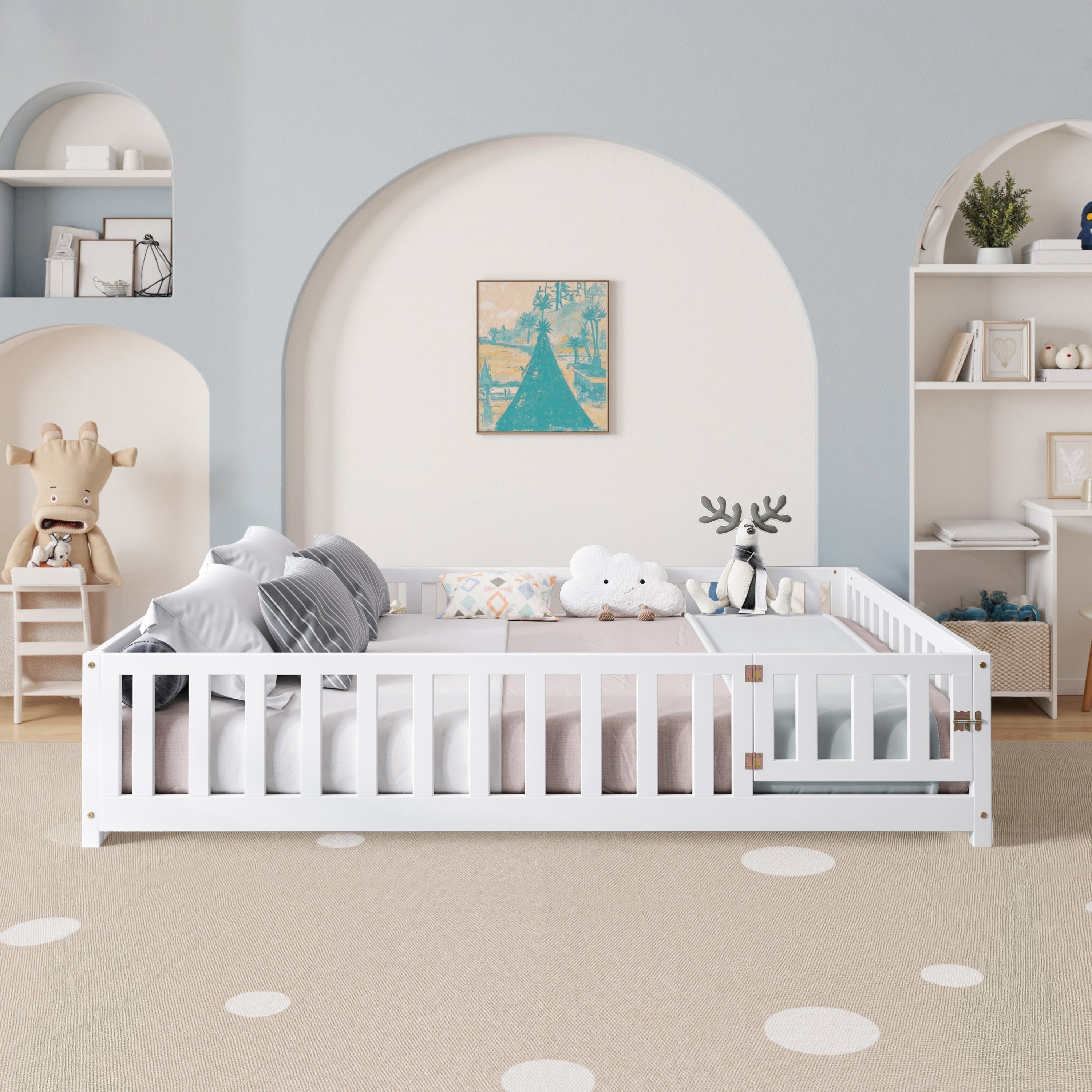 Full Size Montessori Floor Bed Frame for Kids w/ Fence & Door, White Wood