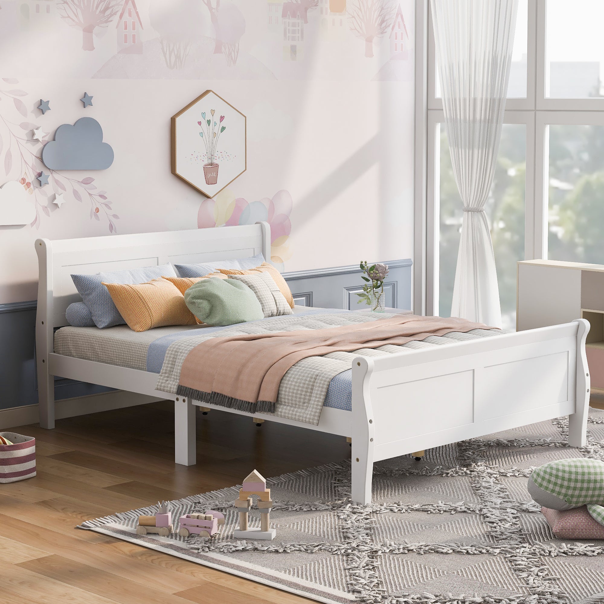 Queen White Wood Platform Bed: Headboard & Slat Support