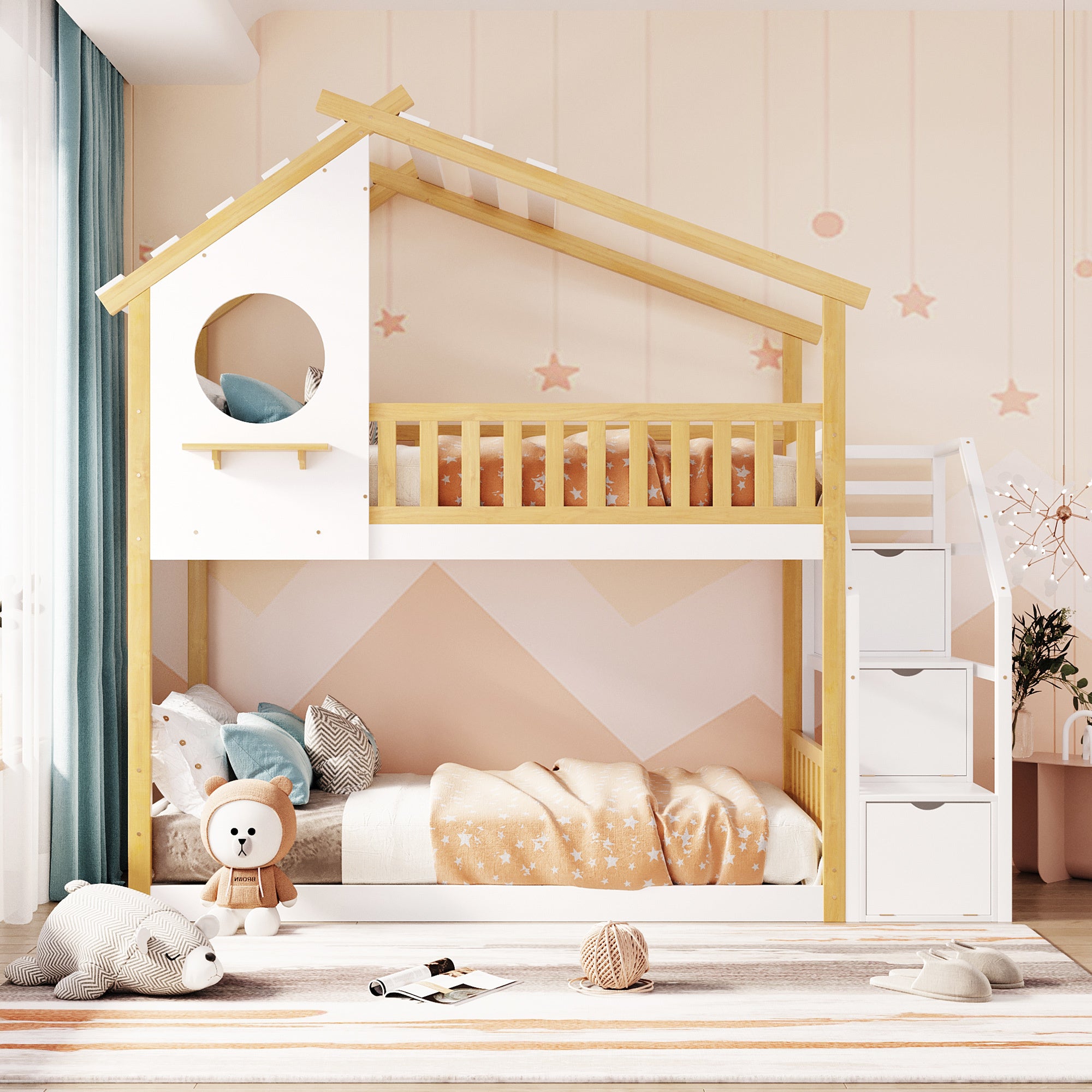 Stairway Twin-Over-Twin Bunk Bed with Storage & Guard Rail - House Bed