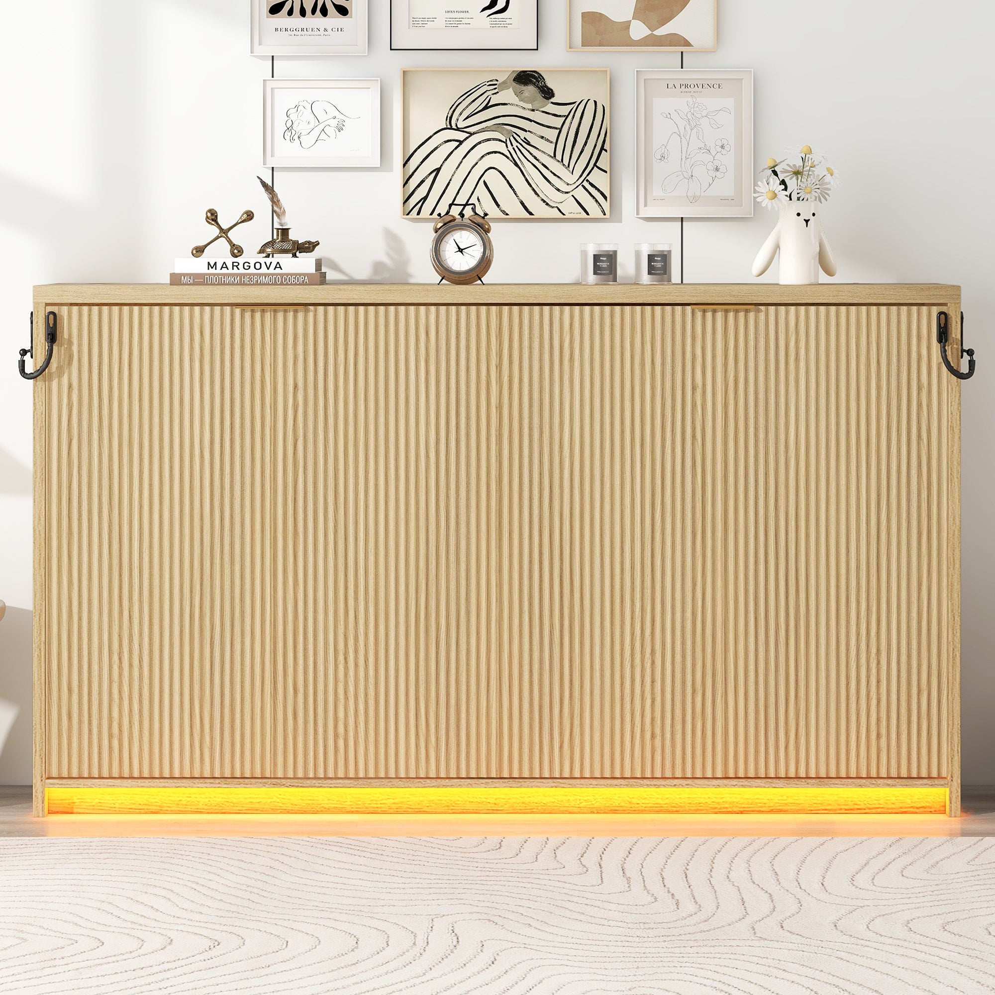 Twin XL Foldable Murphy Bed Cabinet with LED Light, Natural