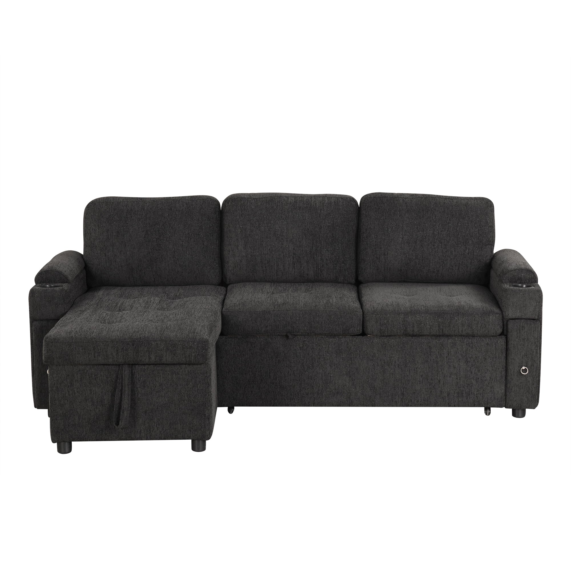 Black L-Shaped Convertible Sofa with Storage, USB, Chenille