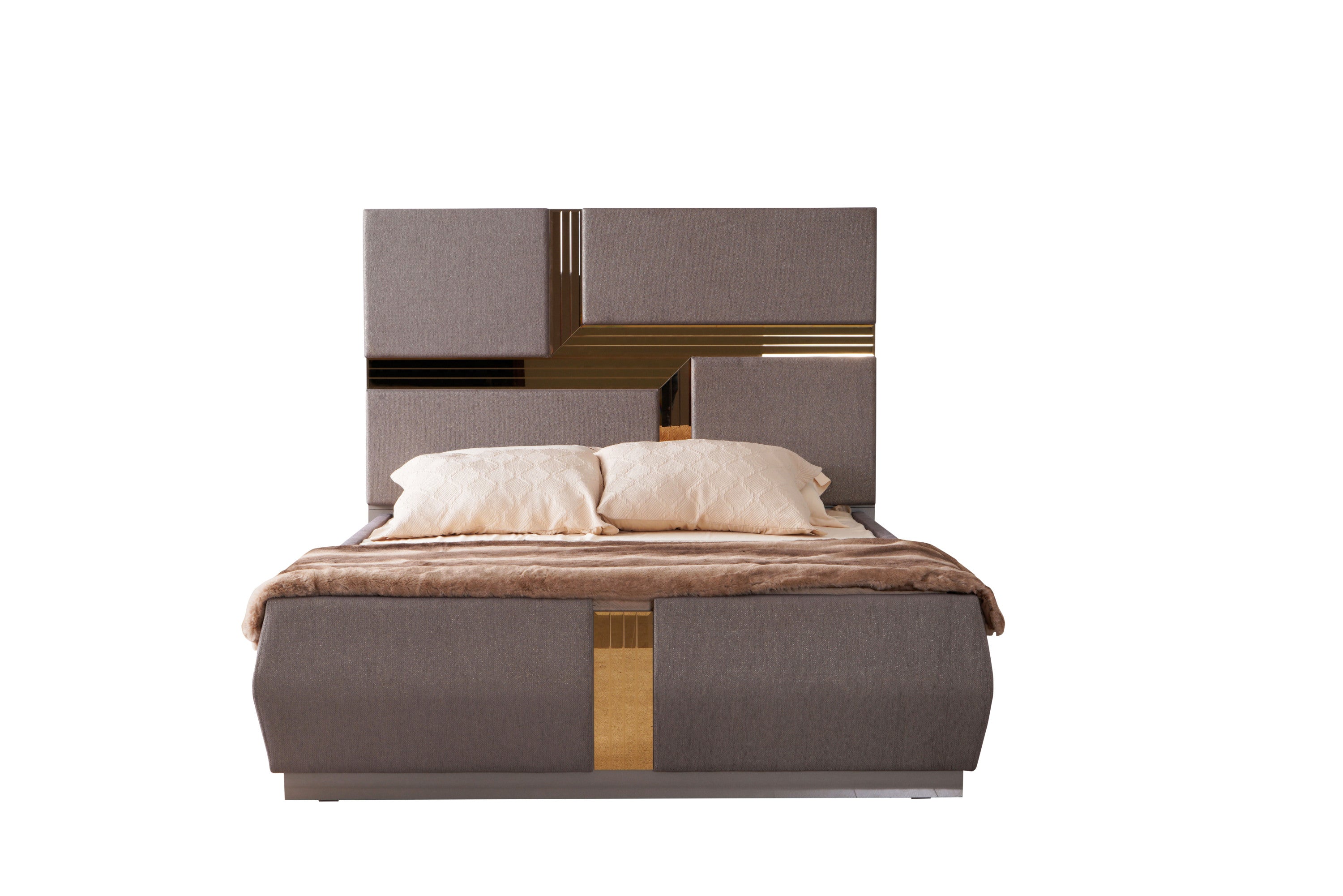 Lorenzo Gold Tufted Queen Bed - Gray Upholstery, Gold Accents