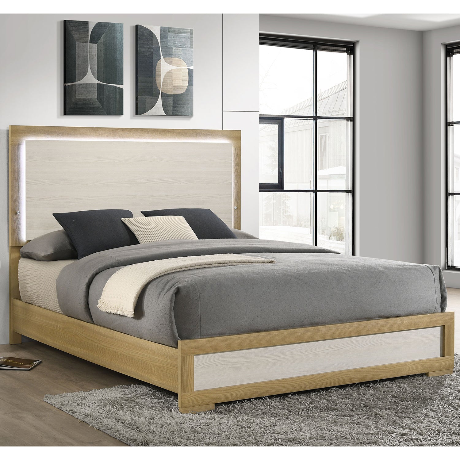 Lincoln Natural White Wood Queen LED Panel Bed