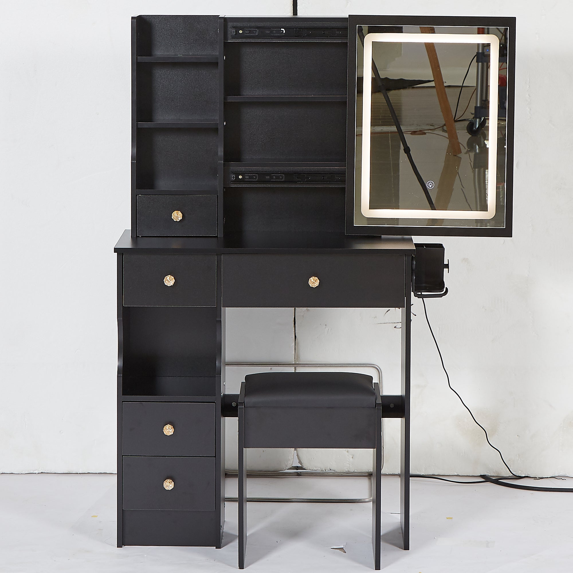 29.2" Desktop Vanity Table: Sliding LED Mirror, Power, Stool