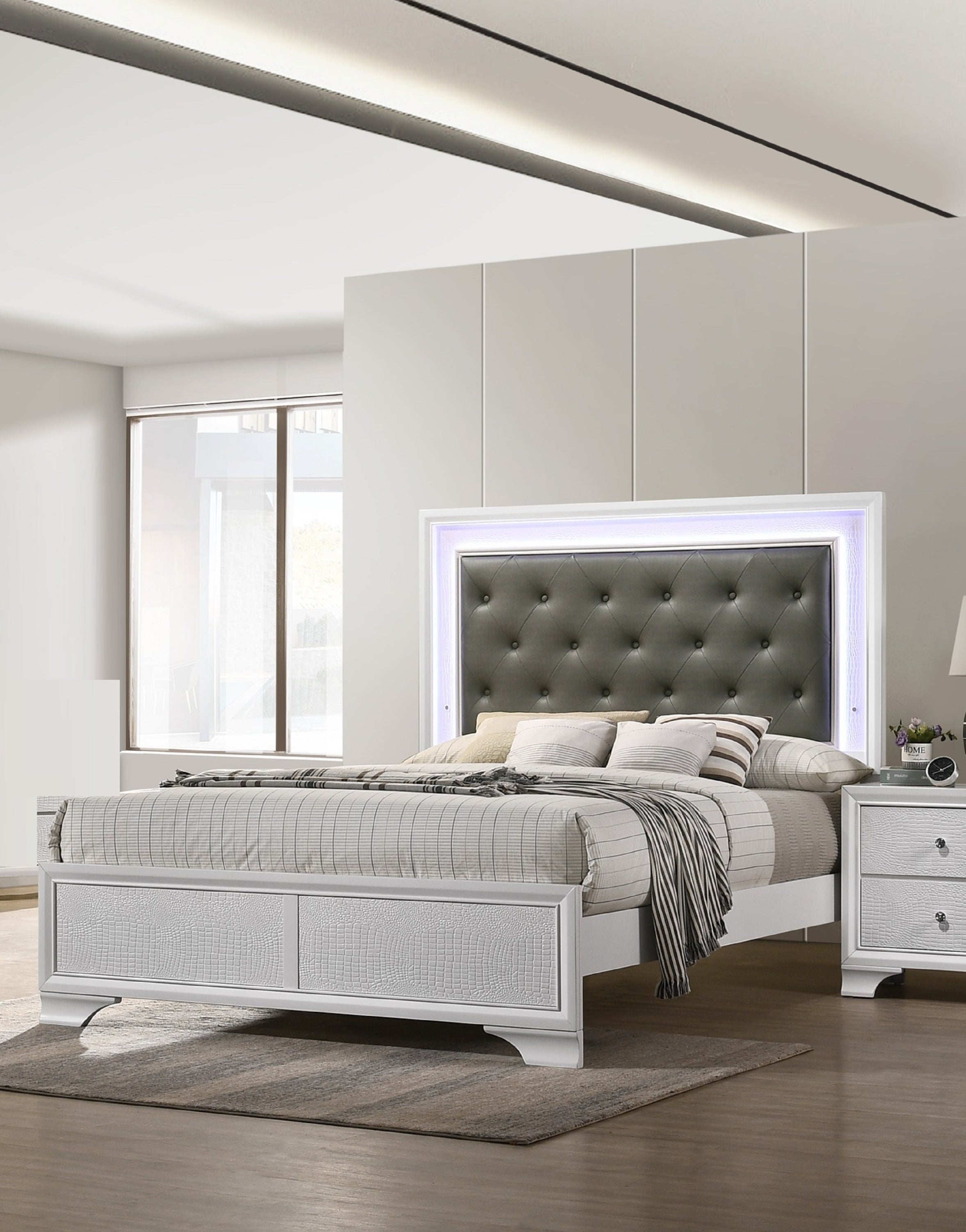 Modern White Crocodile King LED Panel Bed - Tufted Upholstered