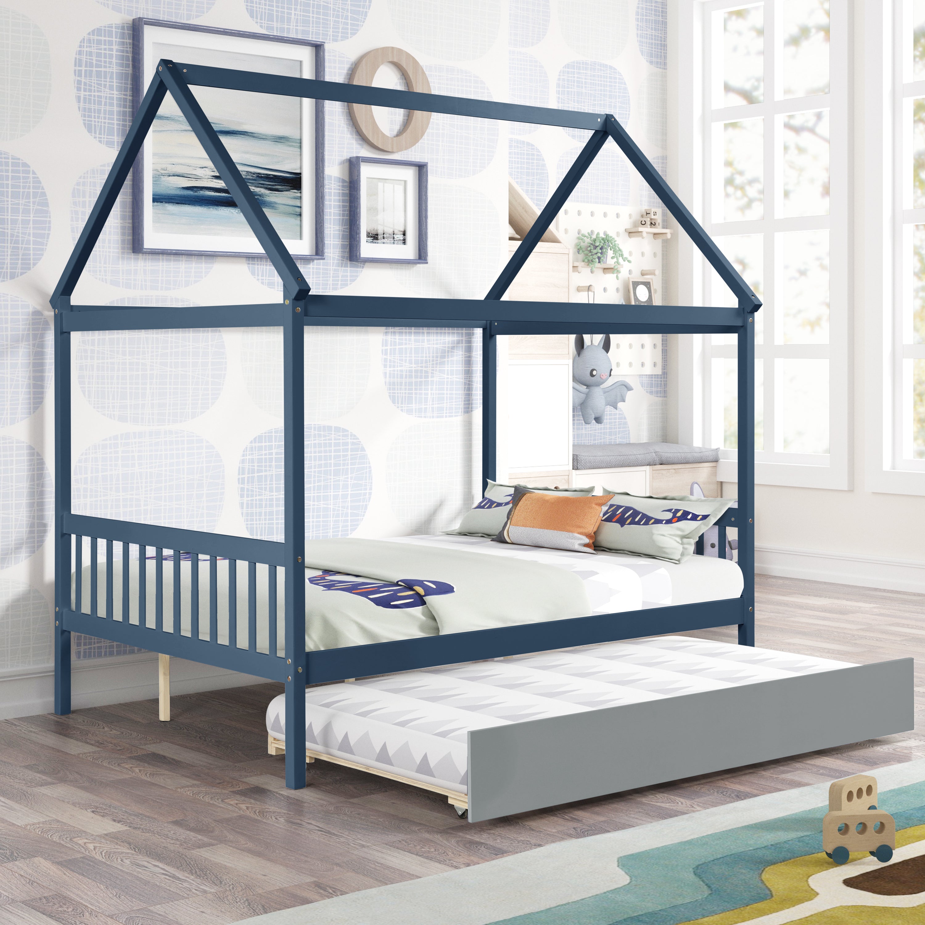 Navy Blue House Full Bed with Grey Trundle for Kids Room