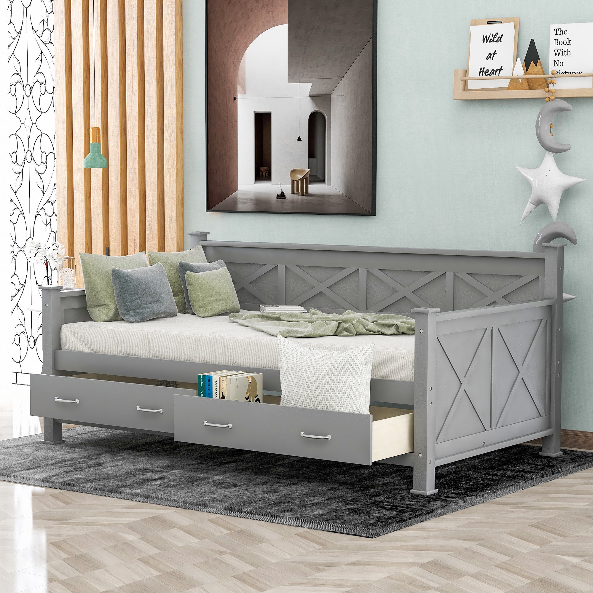 Gray Twin Daybed with Drawers, X-Frame - Modern Rustic Style