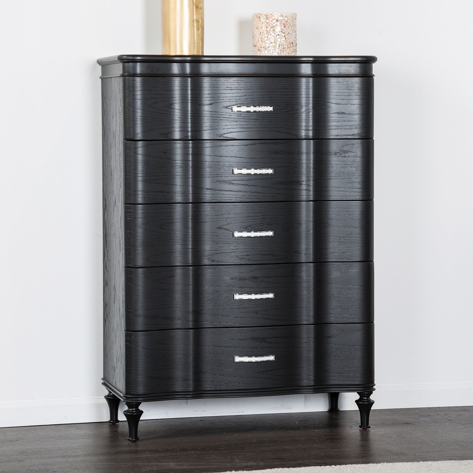 Glamorous Black Curved Chest with Acrylic Handles & Wood Legs