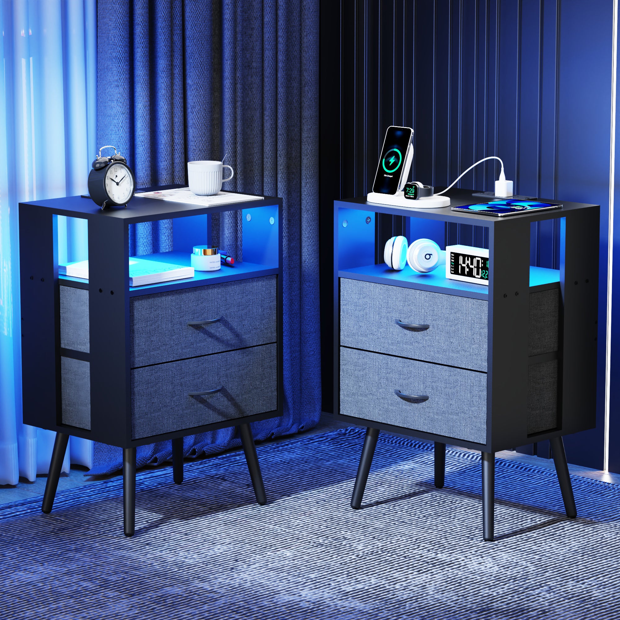 Modern Nightstands (2-Pack) w/ Charging, LED & Fabric Drawers