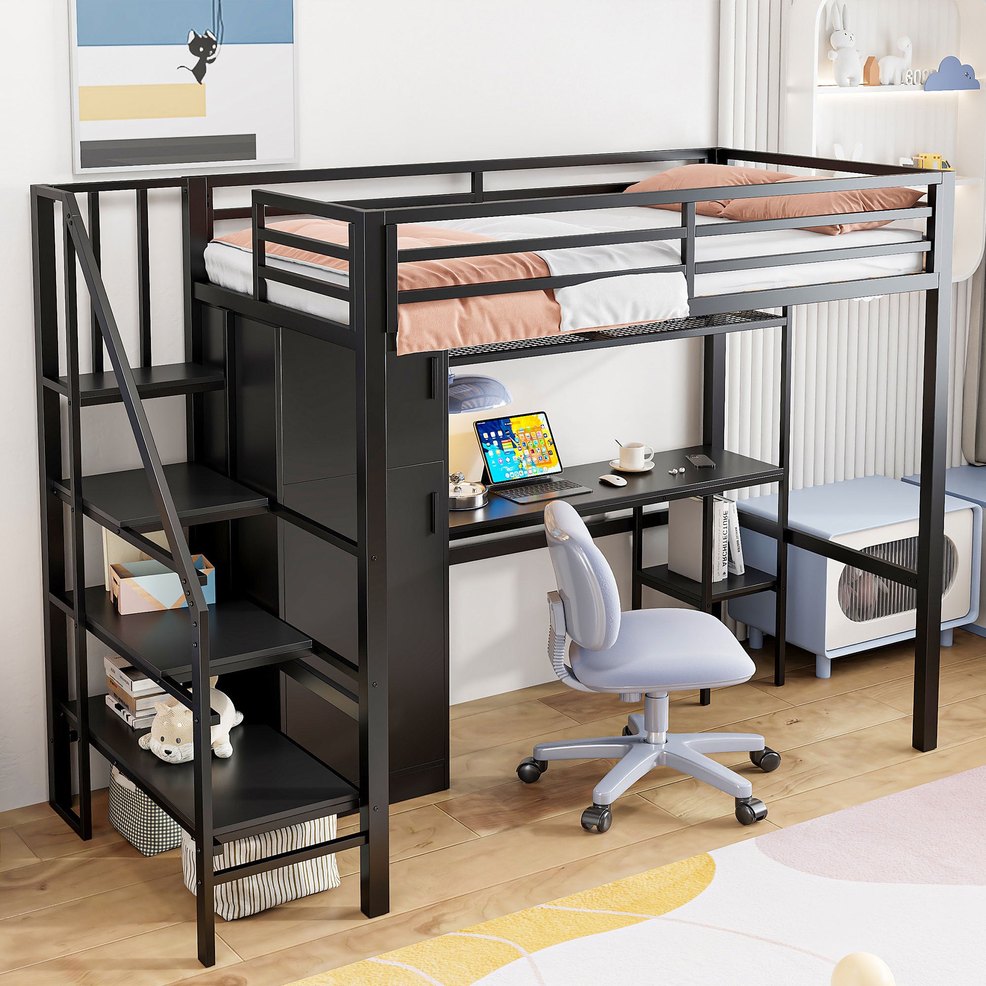 Black Metal Twin Loft Bed with Desk, Shelf, Wardrobe, Storage Stairs