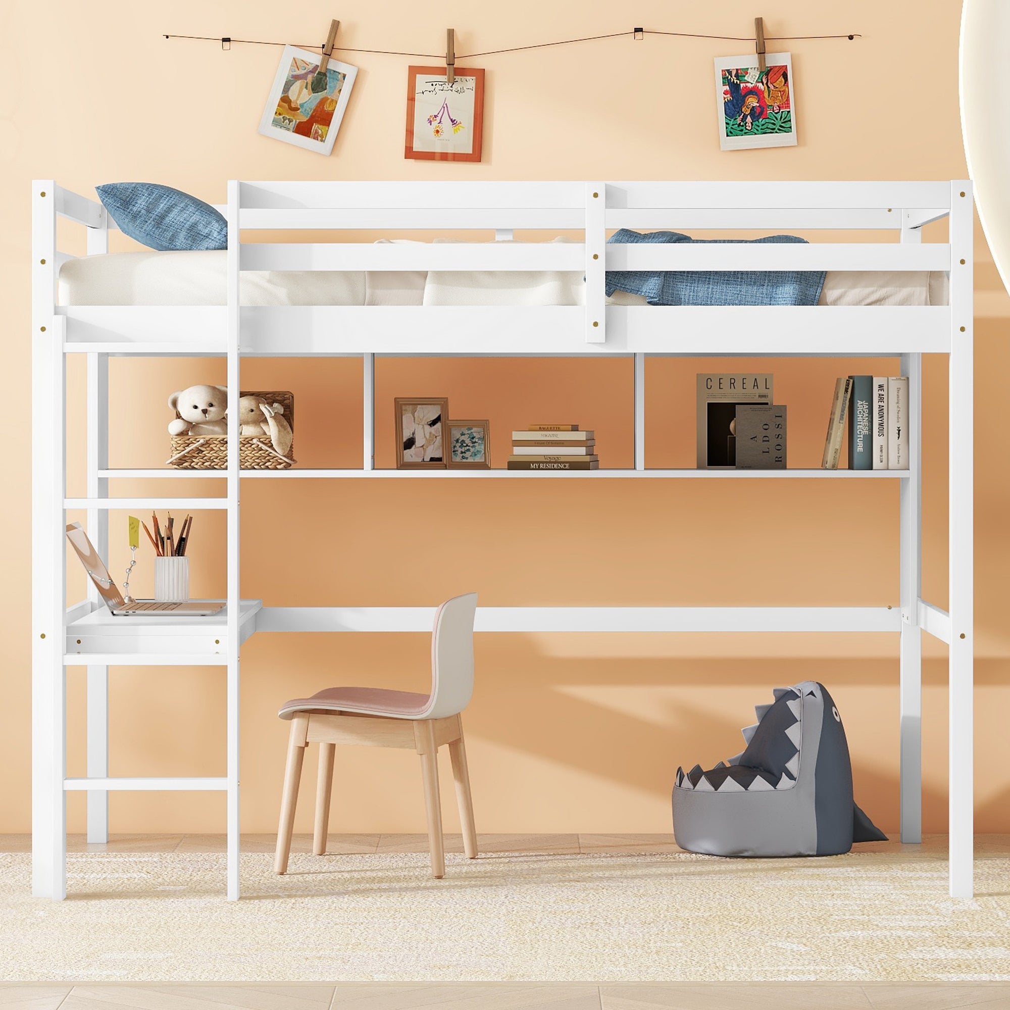 Twin Size Loft Bed with Desk, Shelves, Guardrail & Ladder - White