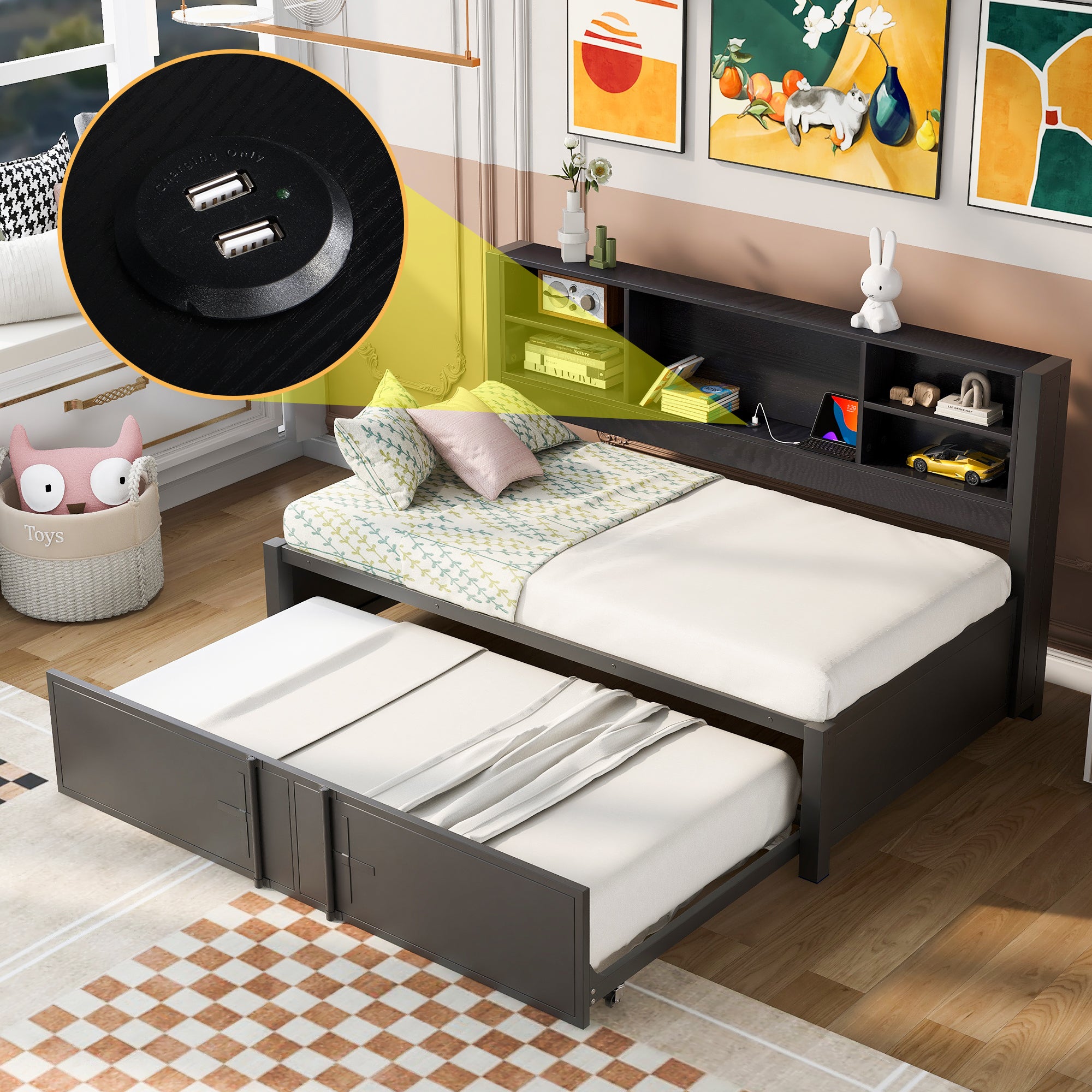 Twin Daybed with Trundle, Storage, USB Ports - Black Metal Frame