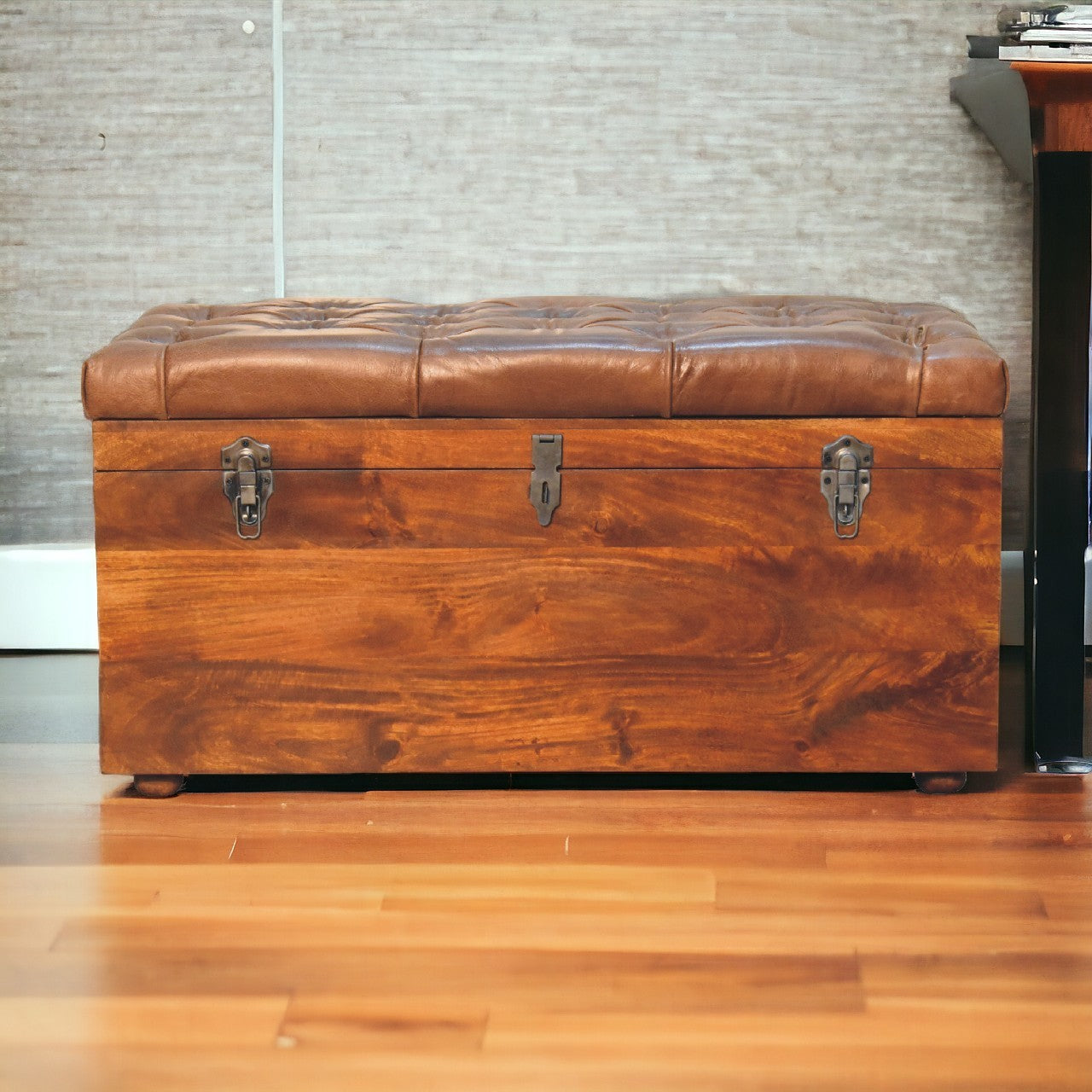 Solid Wood Buffalo Leather Storage Trunk Chestnut Tan Brown