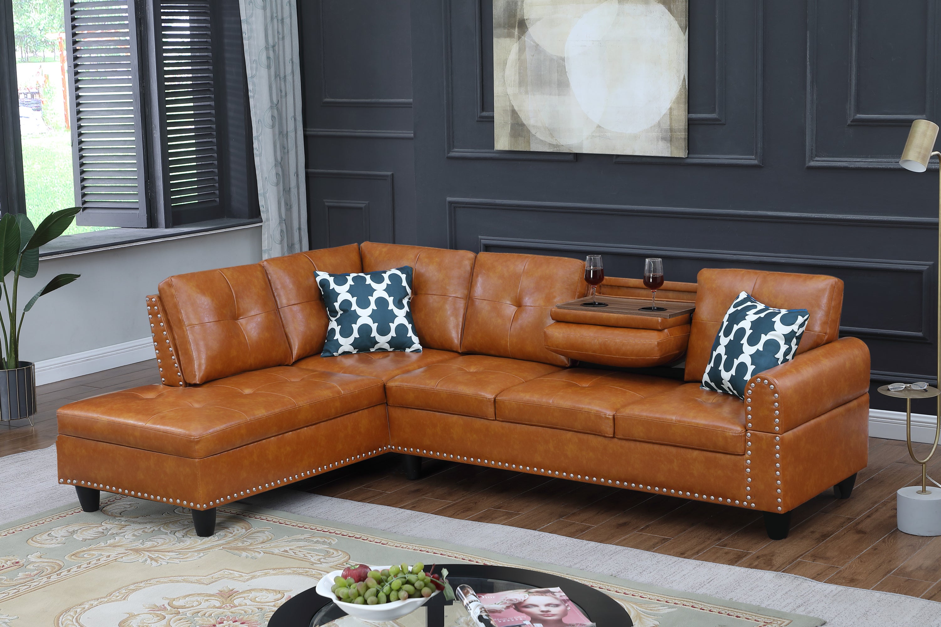 Faux Leather L-Shaped Sectional Sofa with Cup Holders