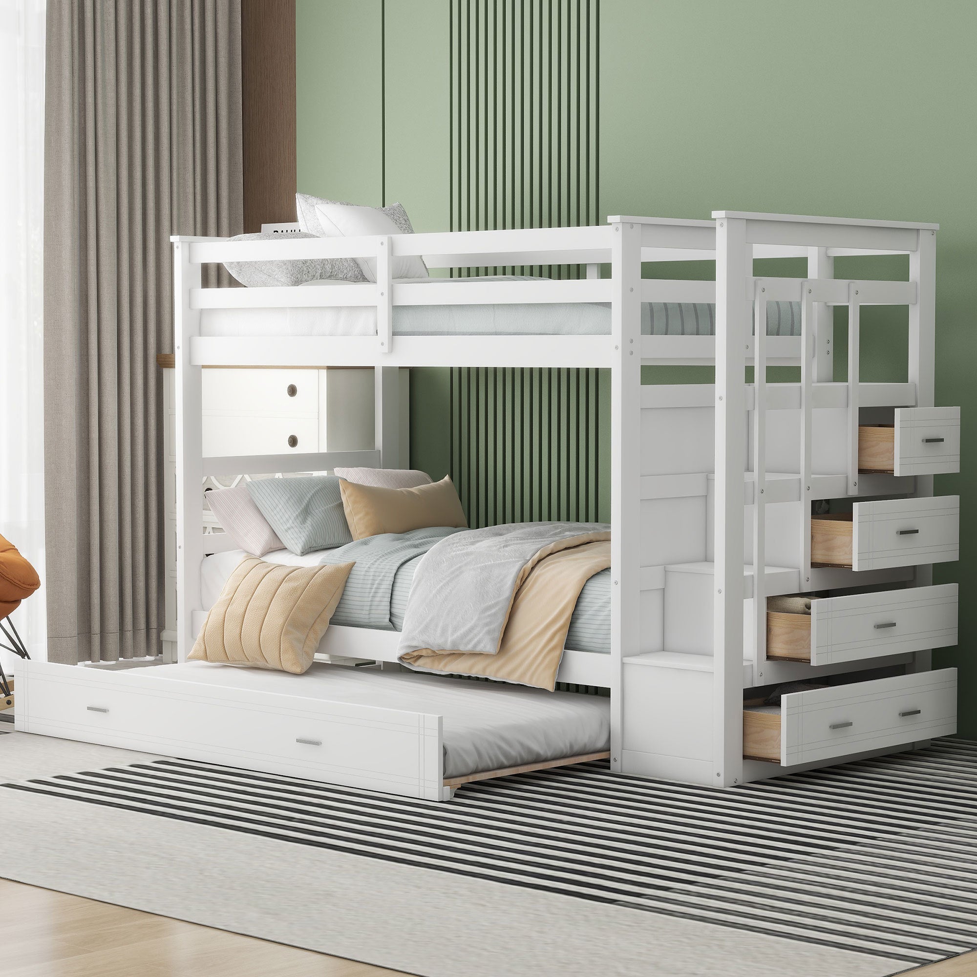 White Twin Over Twin Bunk Bed with Trundle & Staircase