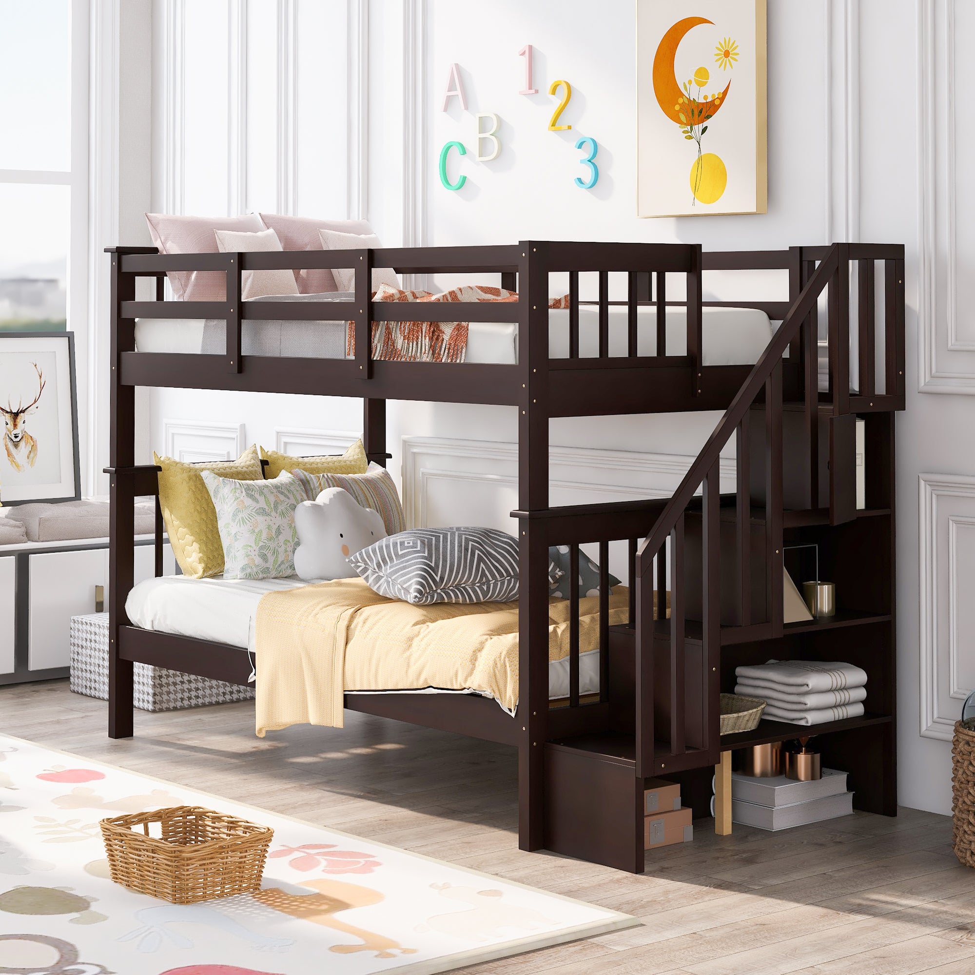 Espresso Twin-Over-Twin Stairway Bunk Bed with Storage & Guard Rail