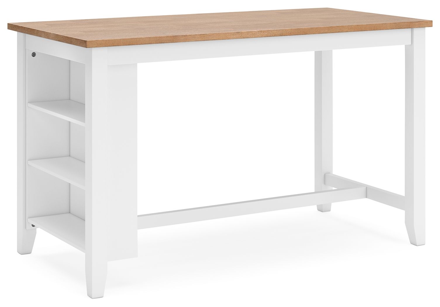 White rectangular dining counter table with light wood top and open side shelves