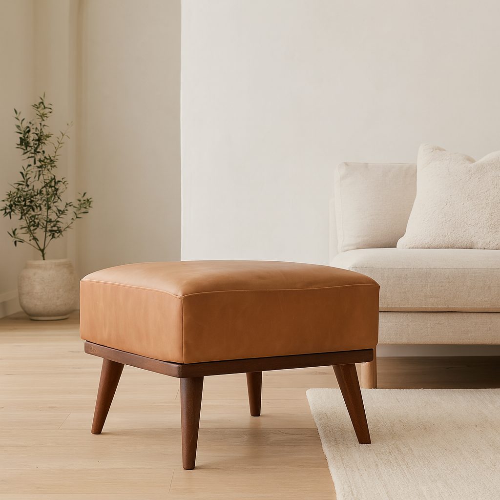 Nordic Tan Buffalo Leather Upholstered Footstool