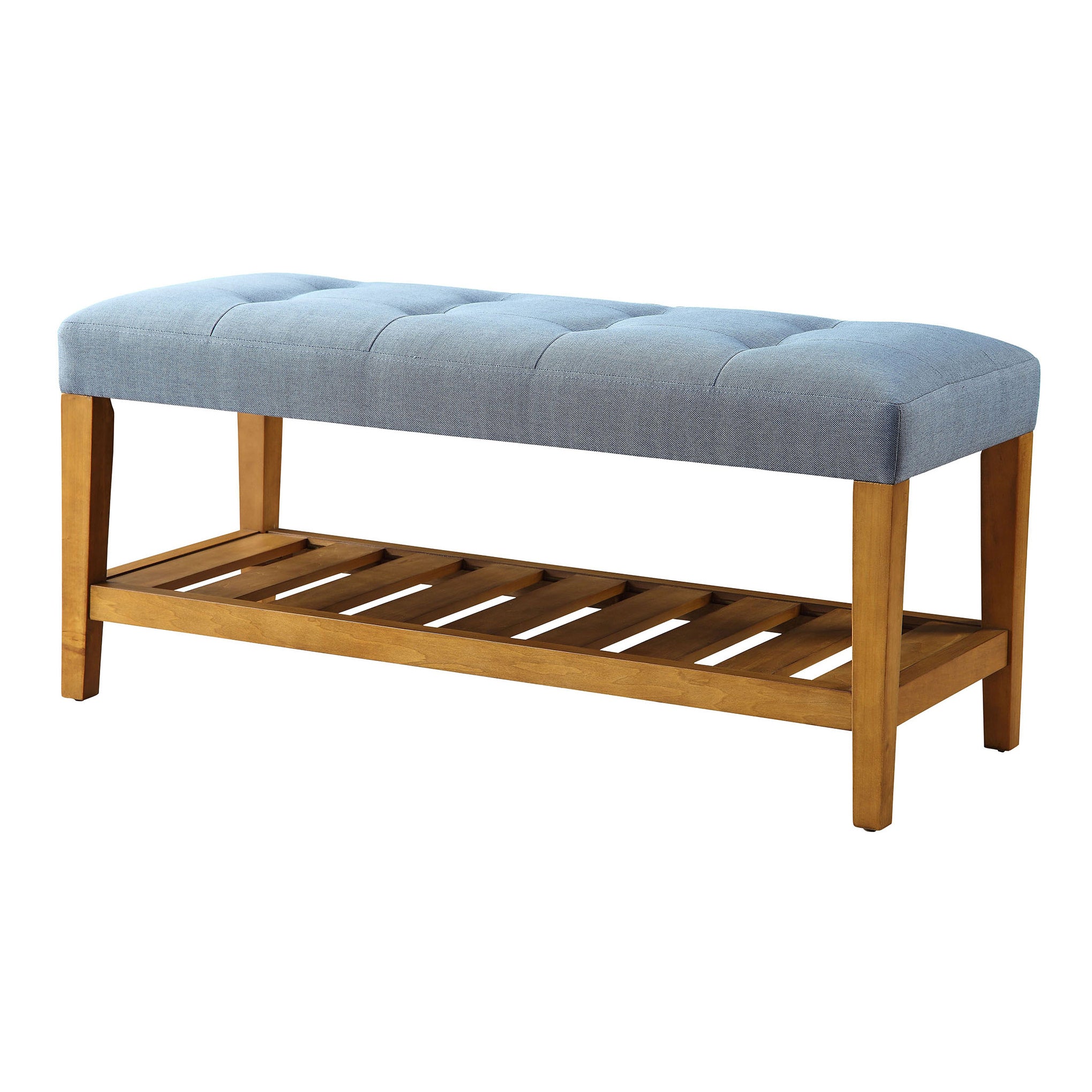 Light Blue Oak Tufted Padded Seat Bench