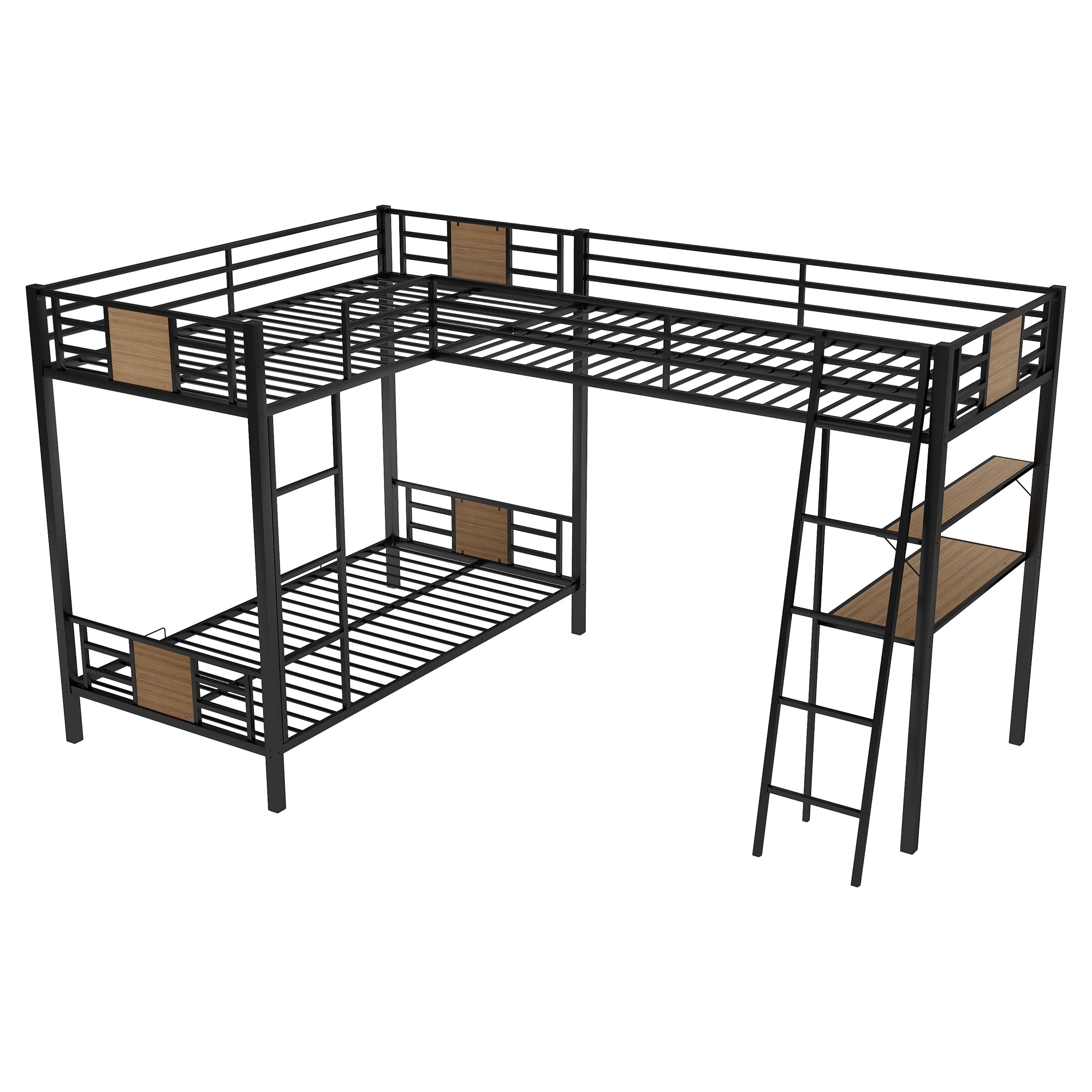 L-Shaped Twin Bunk Bed w/ Twin Loft, Brown - Space Saver