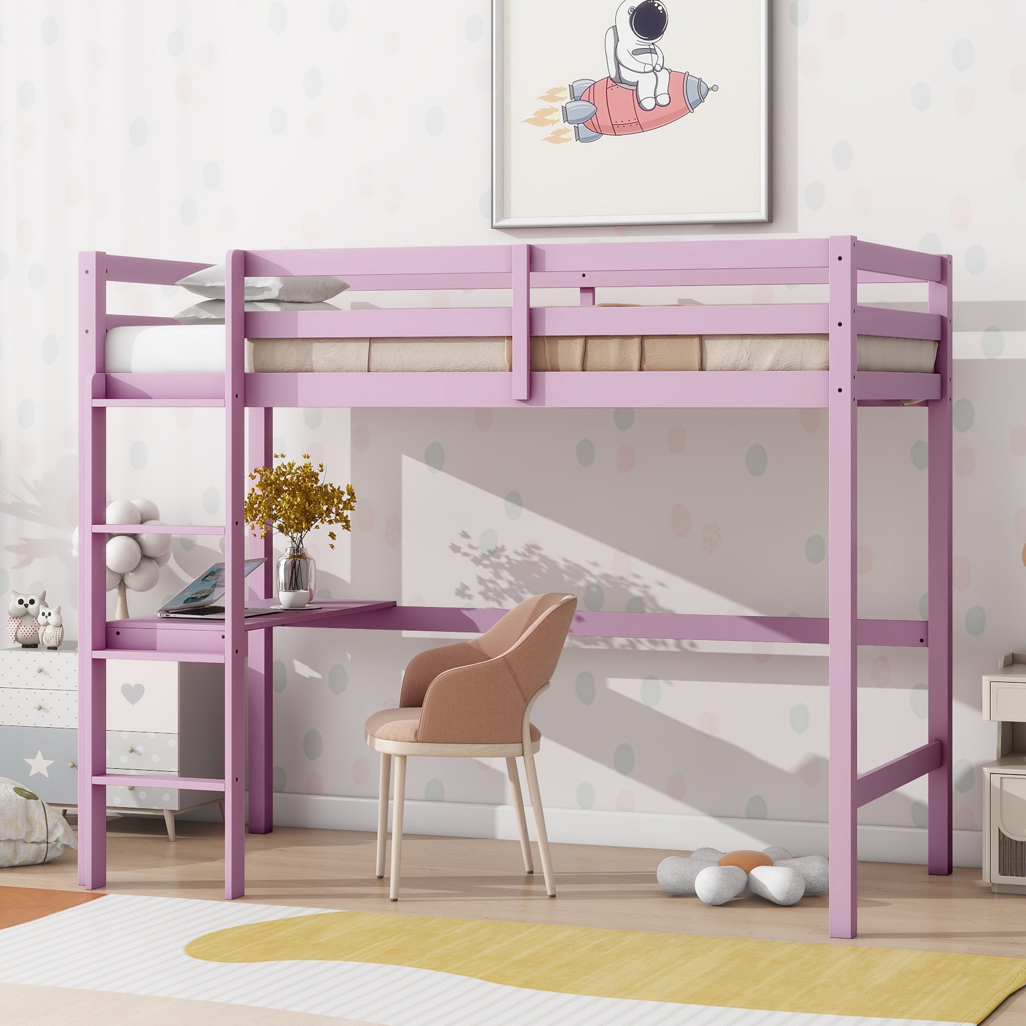 Pink Rubber Wood Twin High Loft Bed | Desk & Guardrail