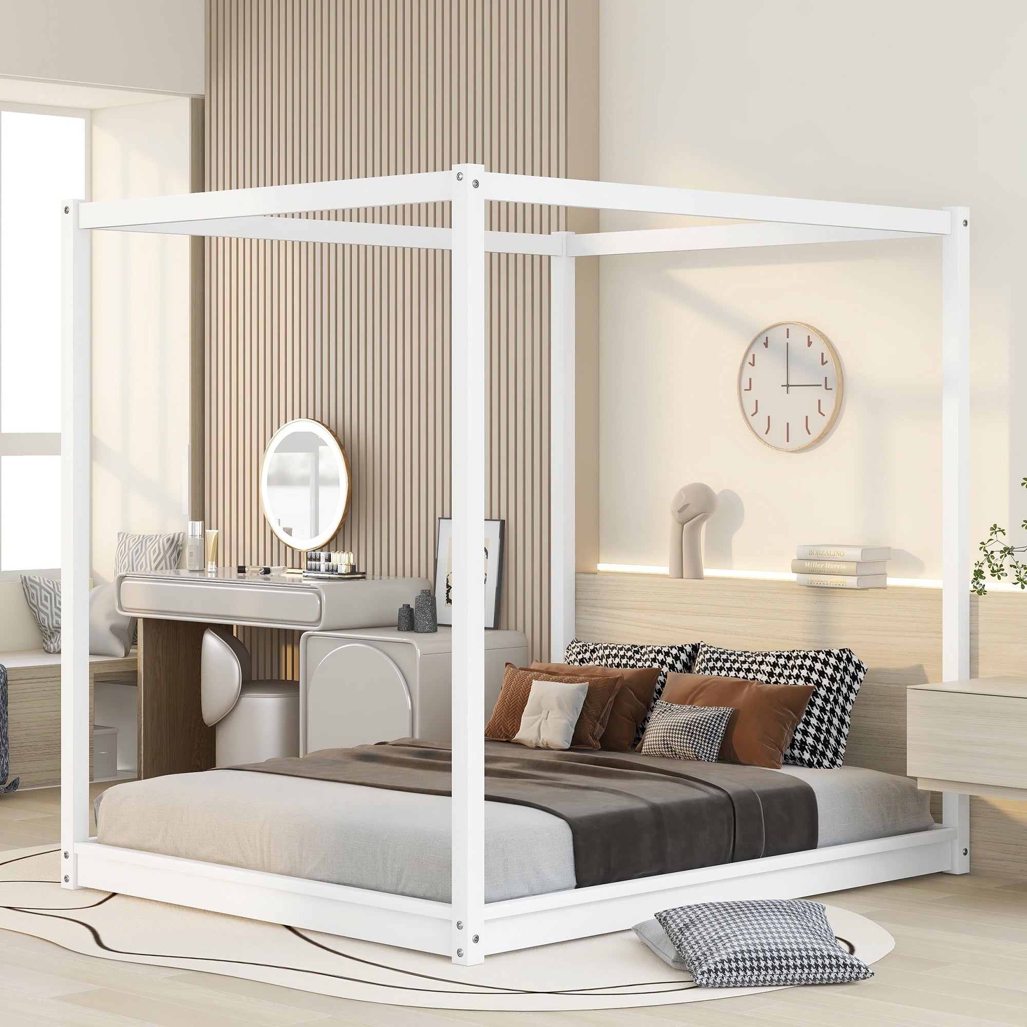 Queen Size White Canopy Platform Bed with Support Legs