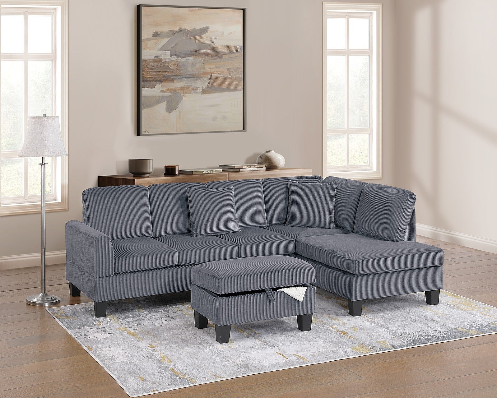 Dark Gray Corduroy 3pc Sectional Set: Chaise, Sofa, Ottoman